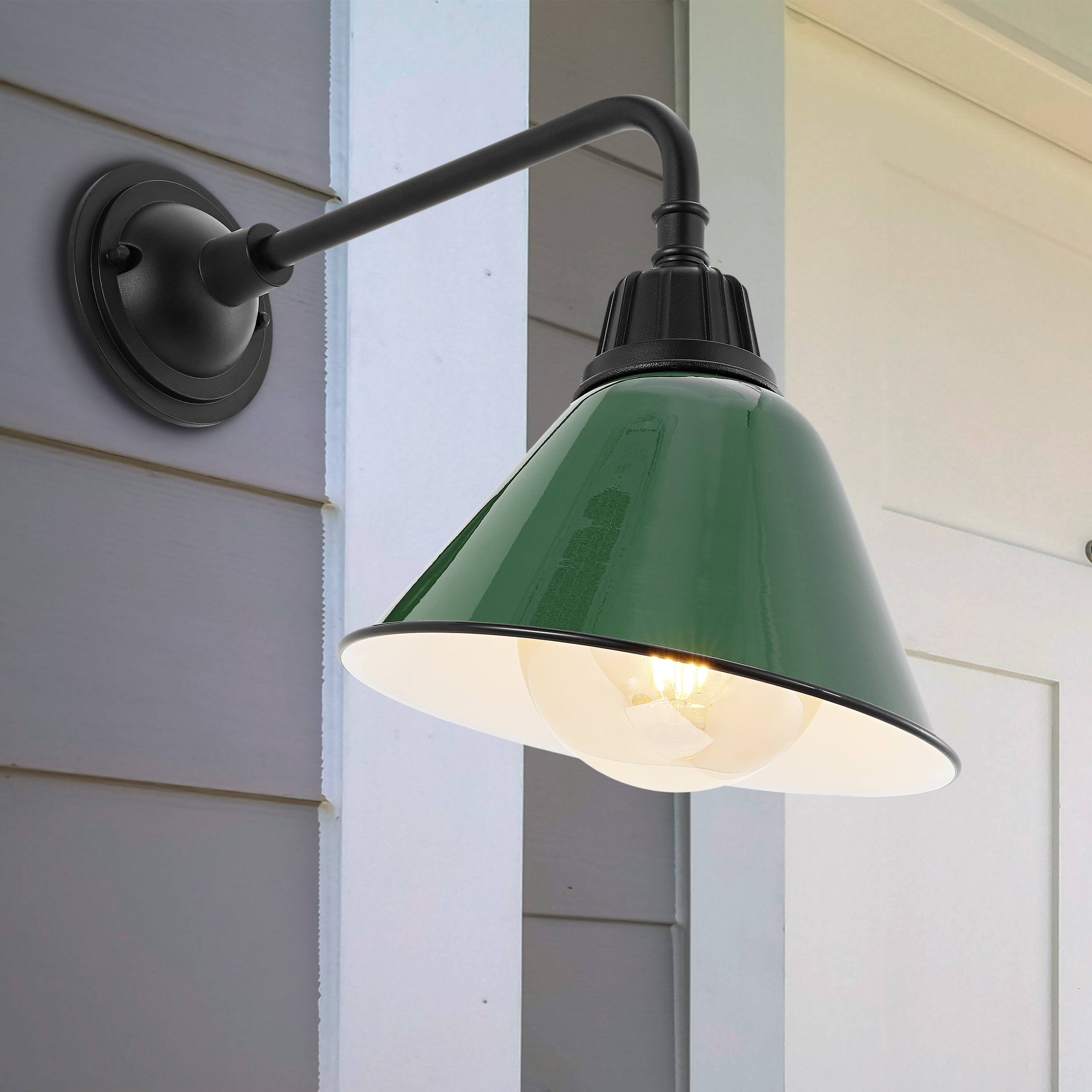 Alt View 7. Jonathan Y - Croydon 9.63" 1-Light Farmhouse Industrial Indoor/Outdoor Iron LED Gooseneck Arm Outdoor Sconce, Green - Green/Black.