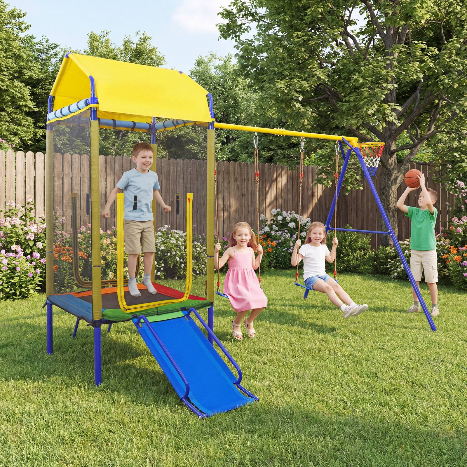 Alt View 3. Gymax - Gymax 5-in-1 Kids Swing Set w/Trampoline Roof 2 Belt Swings Slide Ladder for Children - Yellow.
