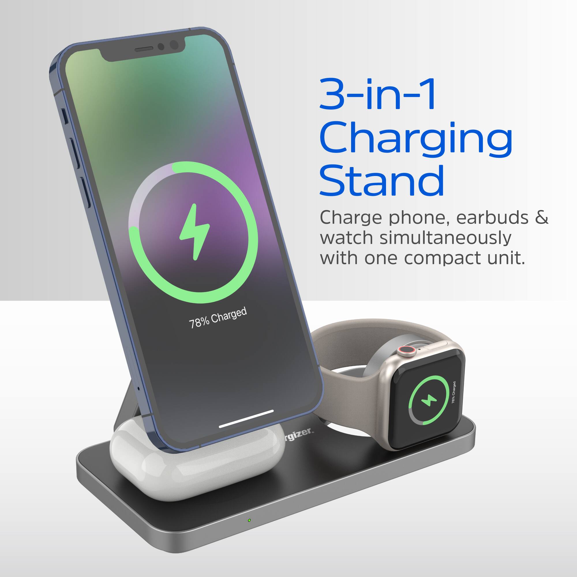 3-in-1 Charging Stand: Charge phone, earbuds, and watch simultaneously with one compact unit. 78% Charged Gizmo.