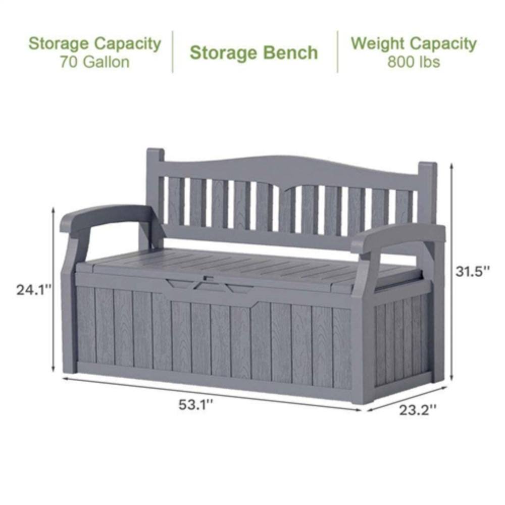 Storage Capacity: 70 Gallon  
Storage Bench  
Weight Capacity: 800 lbs  

Dimensions:  
- Length: 53.1"  
- Width: 24.1"  
- Height: 31.5"  
- Depth: 23.2"