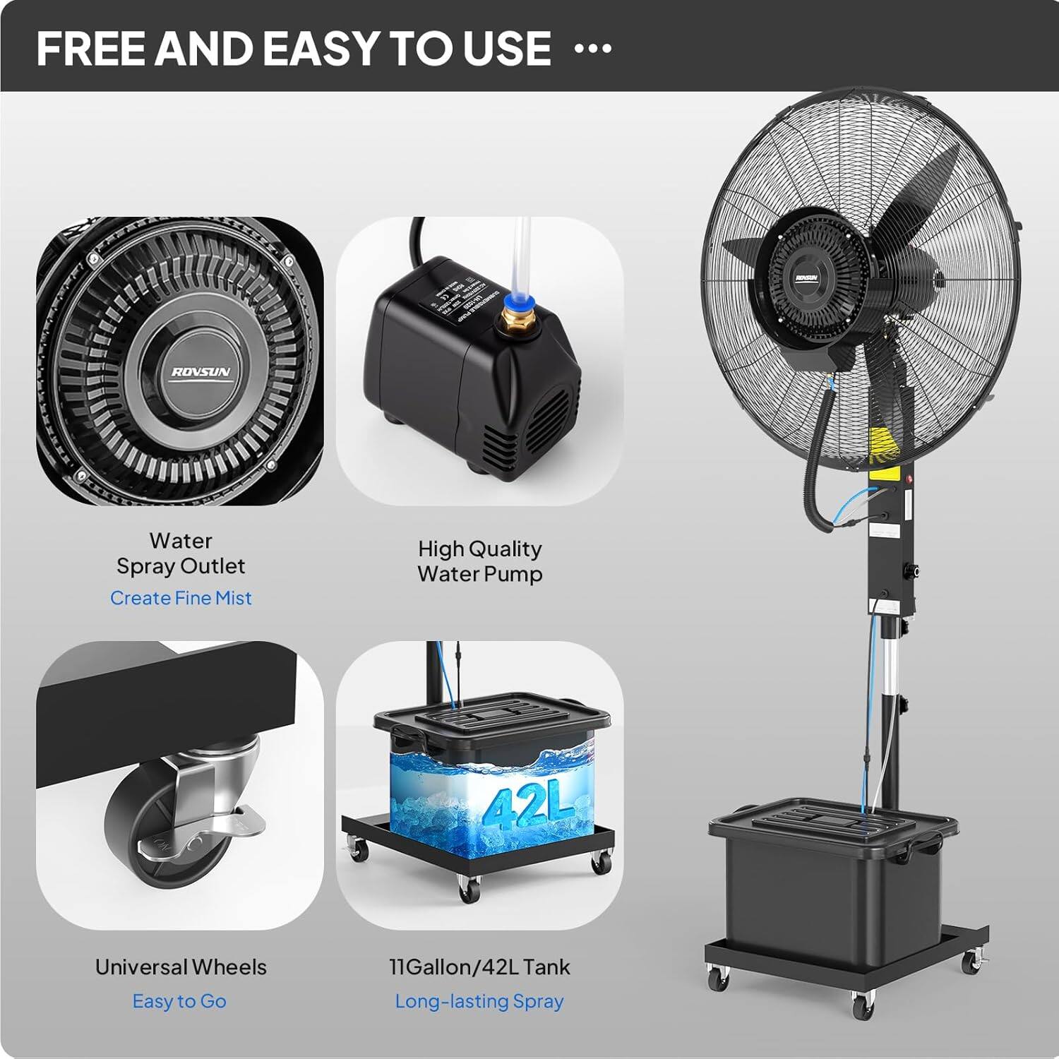 FREE AND EASY TO USE ...

- Water Spray Outlet
  - Create Fine Mist

- High Quality Water Pump

- Universal Wheels
  - Easy to Go

- 11Gallon/42L Tank
  - Long-lasting Spray