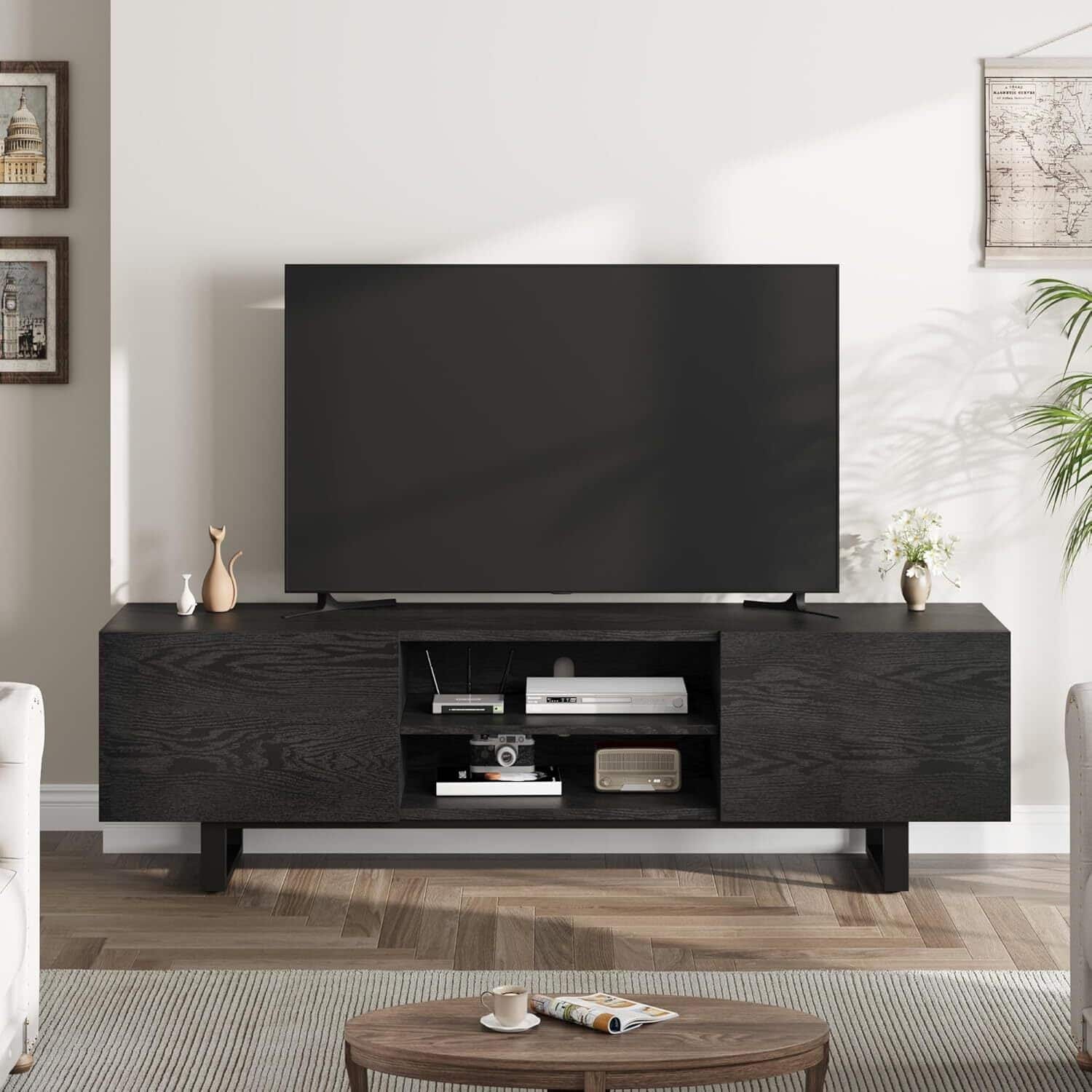 Front. Acekool - Modern 70" Entertainment Center TV Stand for 65/75/80 Inch TV with 2 Drawers & Open Shelves, Black - Black.