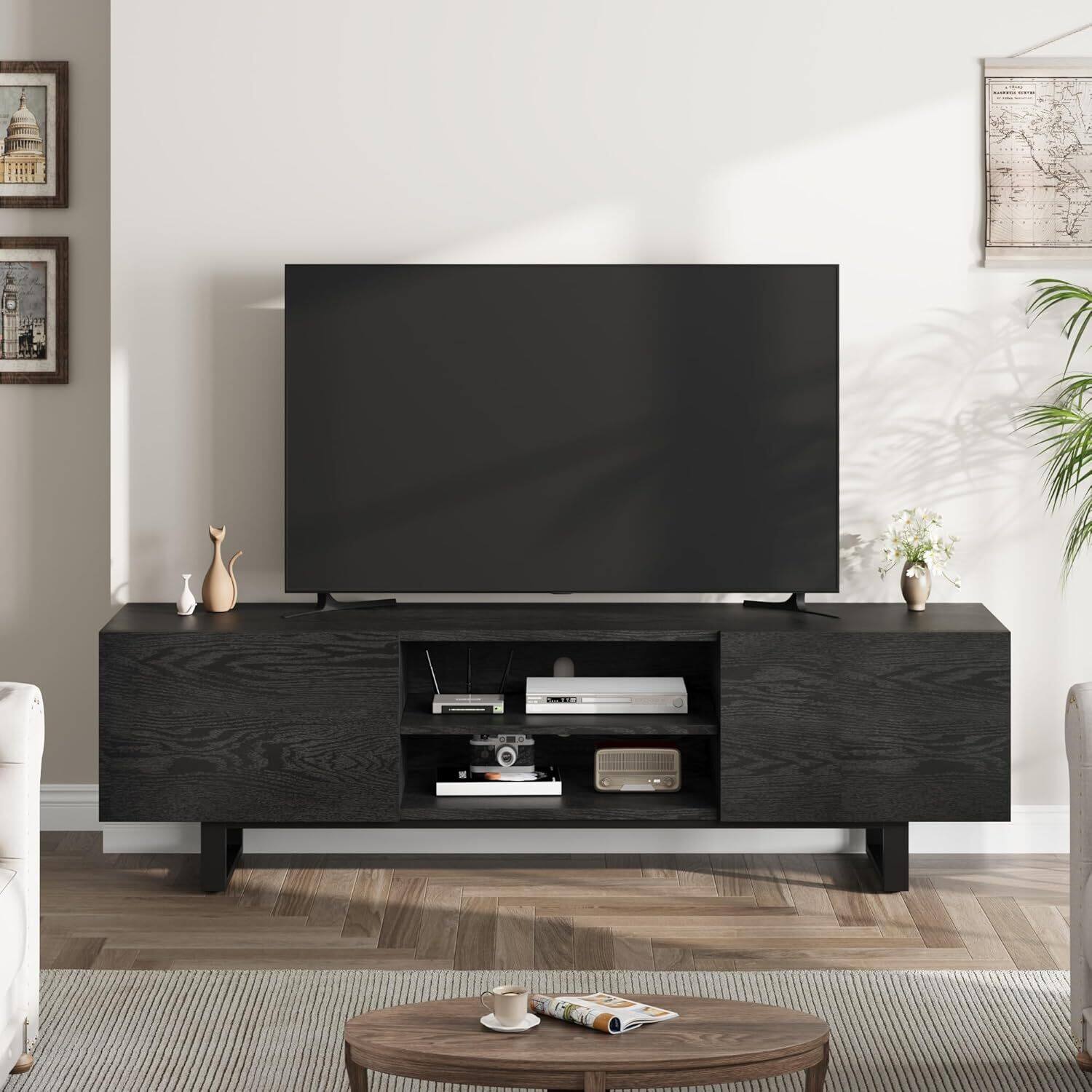 Acekool - Modern 70" Entertainment Center TV Stand for 65/75/80 Inch TV with 2 Drawers & Open Shelves - Black