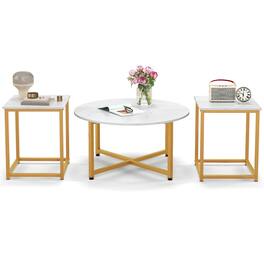 Costway - 3 PCS Coffee Table Set Round Coffee Table and 2PCS Square End Tables Metal Frame White - White and Gold