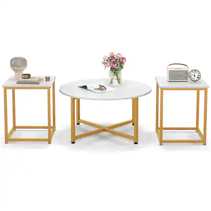 Front. Costway - 3 PCS Coffee Table Set Round Coffee Table and 2PCS Square End Tables Metal Frame White - White and Gold.