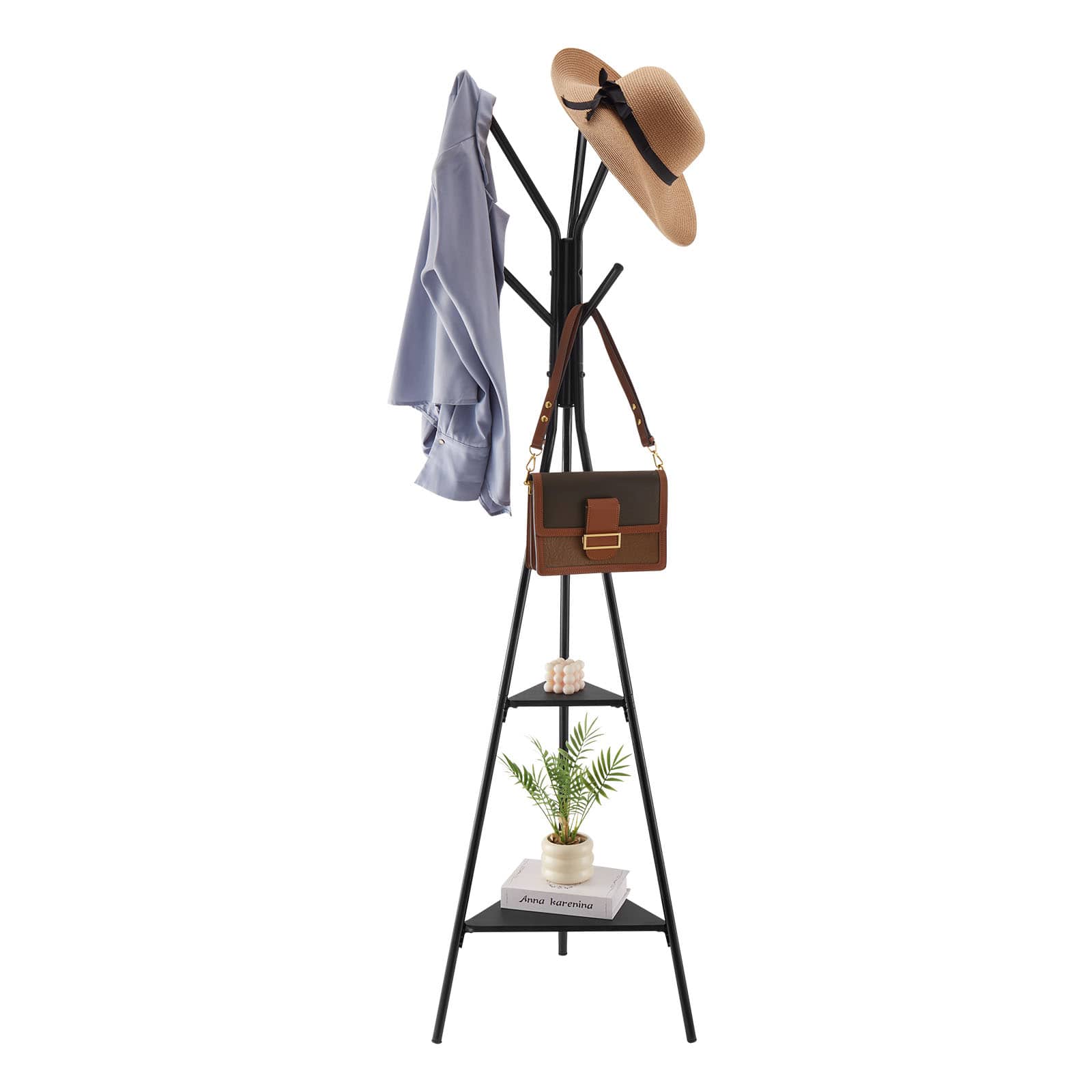 VEVOR - Coat Rack, Freestanding Coats Rack Stand with 2 Shelves & 6 Hooks, Free Standing Hall Coat Tree for Entryway, Bedroom - Black
