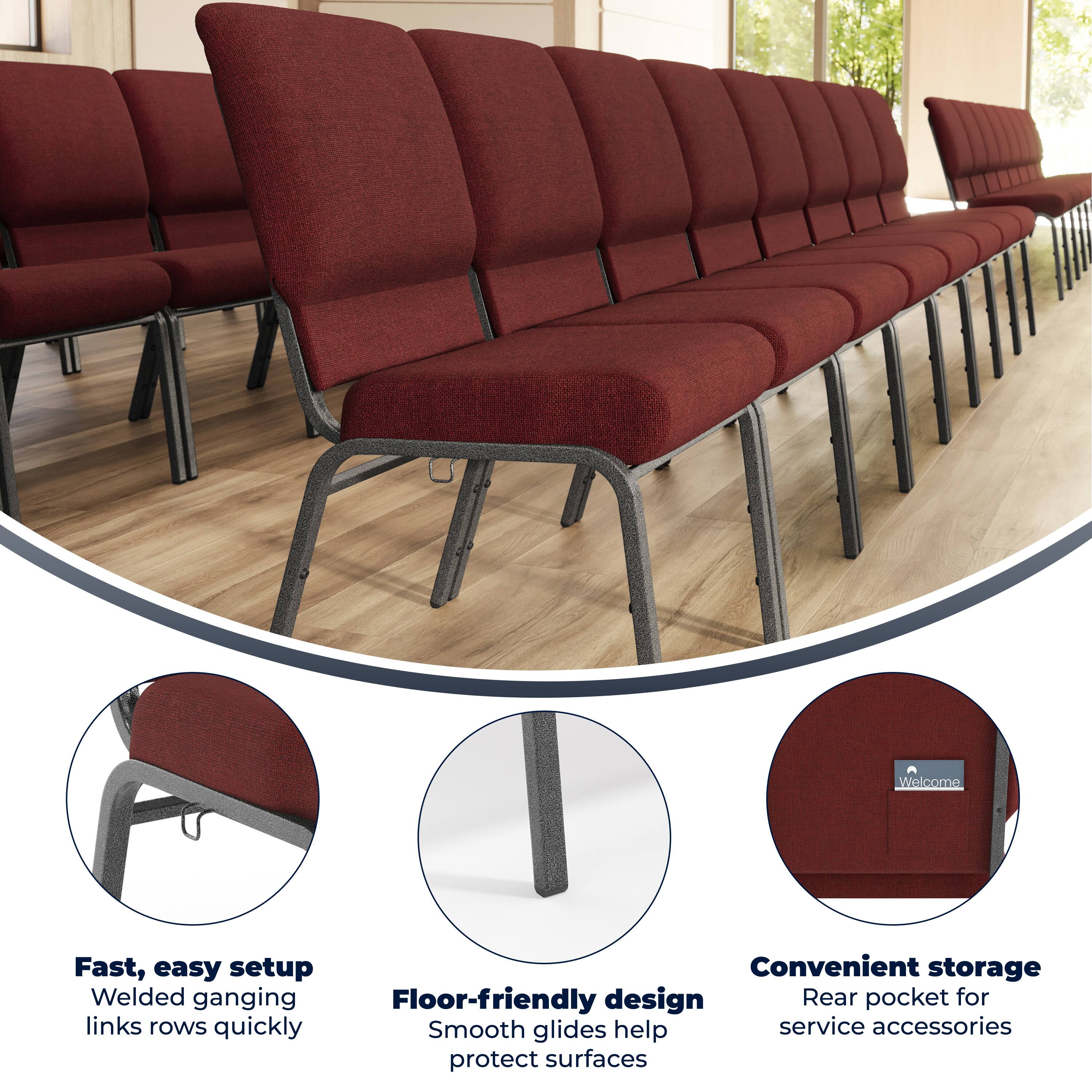 Fast, easy setup  
Welded ganging links rows quickly  

Floor-friendly design  
Smooth glides help protect surfaces  

Convenient storage  
Rear pocket for service accessories