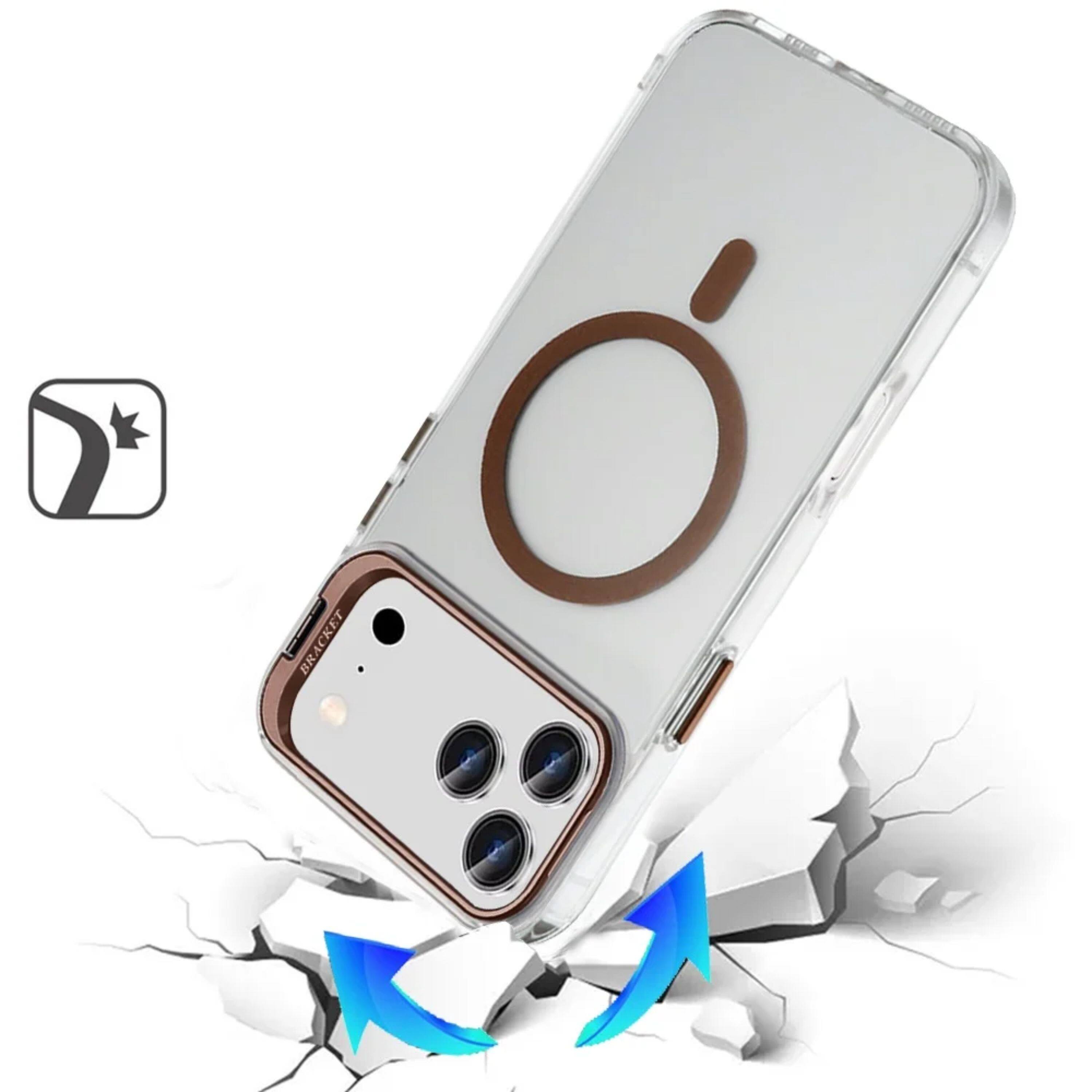 Left. Kitcheniva - Metallic Camera Stand With Magnetic Circle Plus Tempered Glass For iPhone 17 Pro Desert Gold - Dessert Gold.