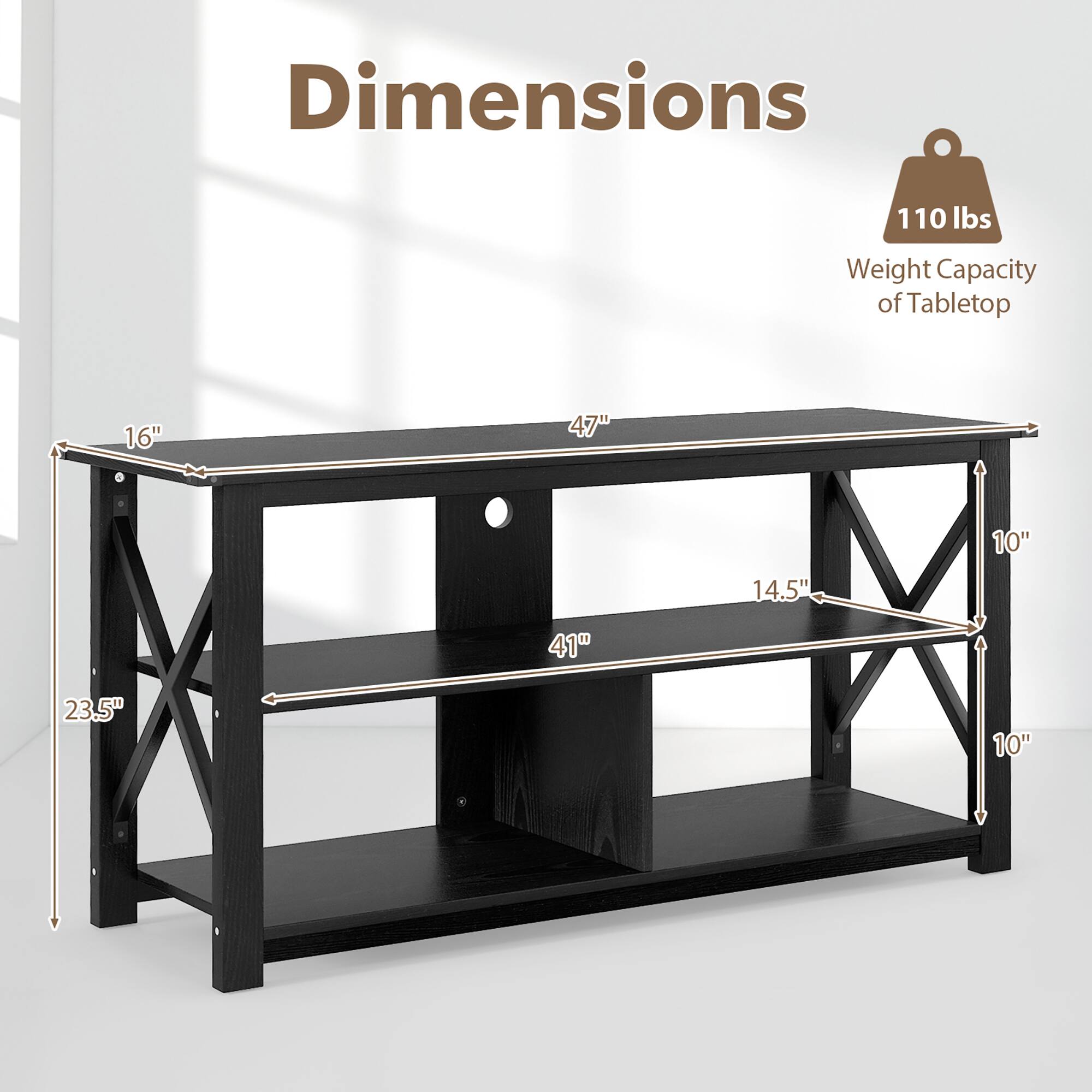Dimensions: 110 lbs weight capacity of tabletop, 16" x 47" x 10" dimensions, 14.5" x 41" x 10" dimensions.