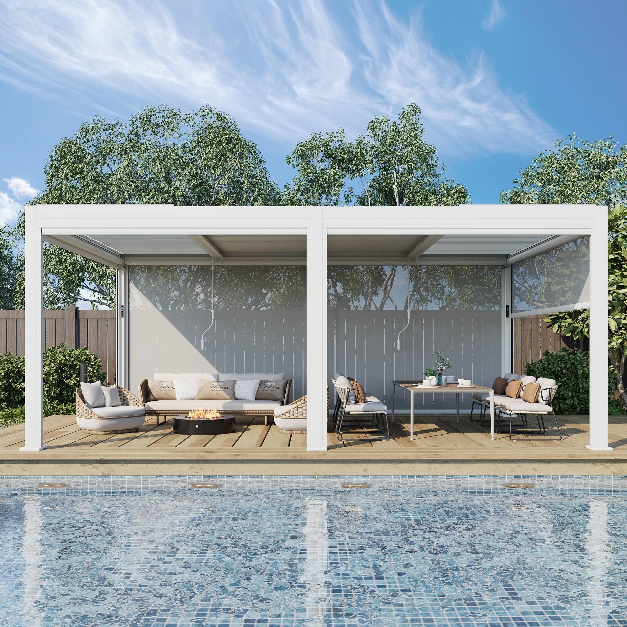 Angle. U-HOMY - 12'x20' Outdoor Aluminum Louvered Pergola Gazebo with Adjustable Rainproof Roof and Pull-Down Privacy Screen - White.