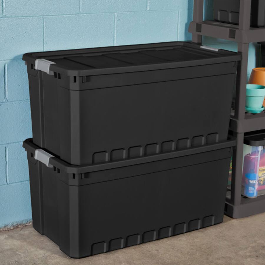 Sterilite 50 Gal Rugged Industrial Stackable Storage Tote w/ Lid, Black ...