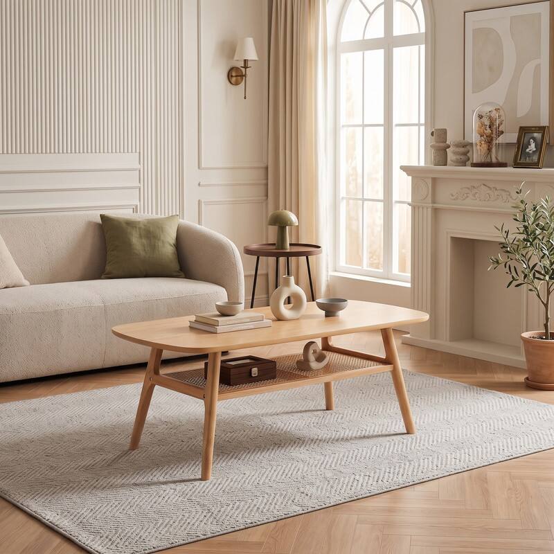 Angle. WELLFOR - 2-Tier Boho Rattan Coffee Table with Rounded Corners & Storage Shelf, Center Table Cocktail Tea Table for Living Room - Natural.
