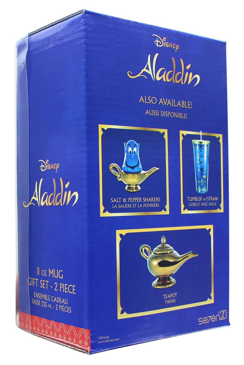 Disney Aladdin  
ALSO AVAILABLE!  
AUSSI DISPONIBLE!  

Disney Aladdin  
SALT & PEPPER SHAKERS  
LA SALIERE ET LA POIVRIERE  

TUMBLER w/STRAW  
GOBELET AVEC PAILLE  

TEAPOT  
THEIERE  

11 oz MUG  
GIFT SET - 2 PIECE  
ENSEMBLE CADEAU  
TASSE 325 ML - 2 PIECES  

Disney  
www.disney.com  

se7en20