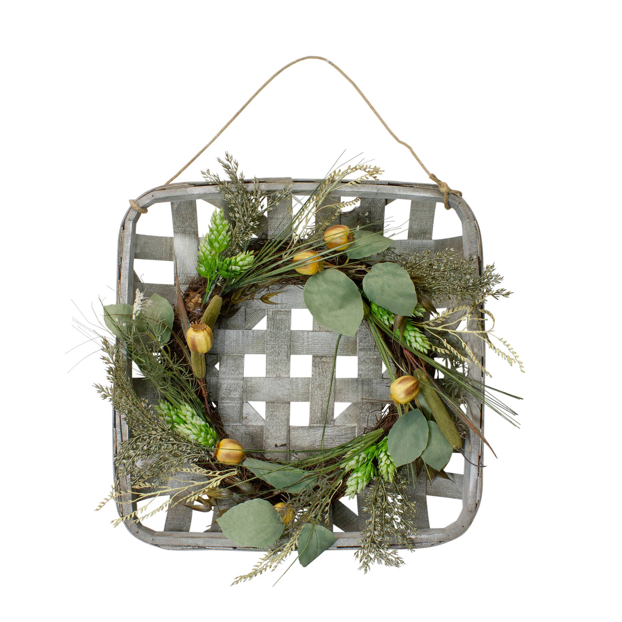 Front. Northlight - 16" Fall Harvest Hop and Cattail Grapevine Wreath in Wood Basket - Green.
