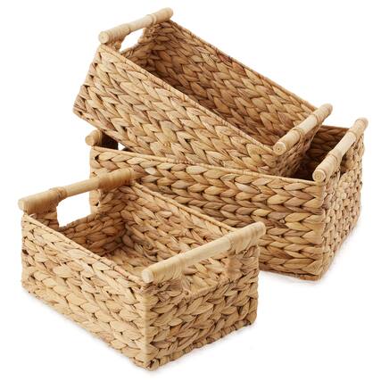 Front. Casafield - 3pk Hyacinth Storage Baskets with Wooden Handles - Small Medium Large - Natural - Hyacinth.
