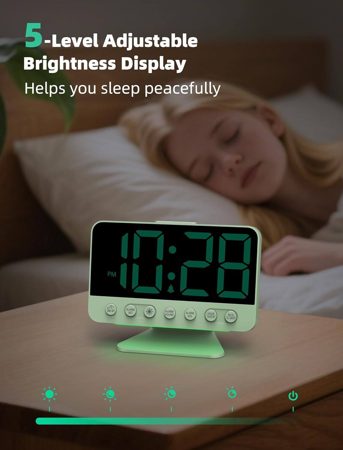 5-Level Adjustable Brightness Display  
Helps you sleep peacefully  

PM 10:28  

ALARM  
ALARM  
HOUR  
MIN  
VOL  
LIGHT  
ALARM  
SOUND  
HOUR  
MIN  
VOL