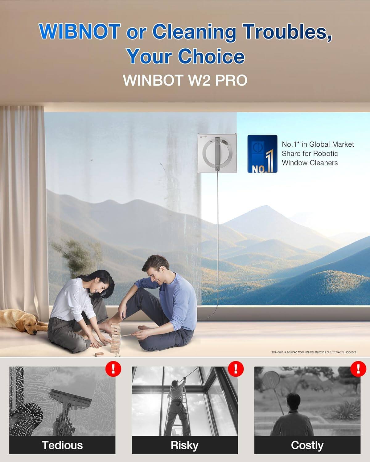 WIBNOT or Cleaning Troubles, Your Choice  
WINBOT W2 PRO  

No.1* in Global Market Share for Robotic Window Cleaners  

Tedious  
Risky  
Costly  

*The data is sourced from internal statistics of ECONACS Robotics.