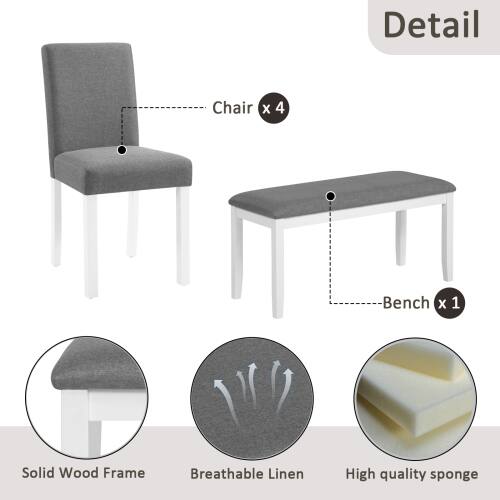 Detail  
Chair X 4  
Bench X 1  
Solid Wood Frame  
Breathable Linen  
High quality sponge