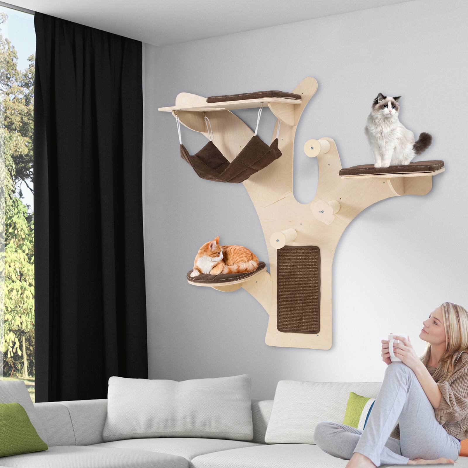 Alt View 3. Gymax - Gymax Wall-Mounted Cat Tower w/ Perch Hammock Sisal Scratching Posts & Mat Cushions - GYM18392.