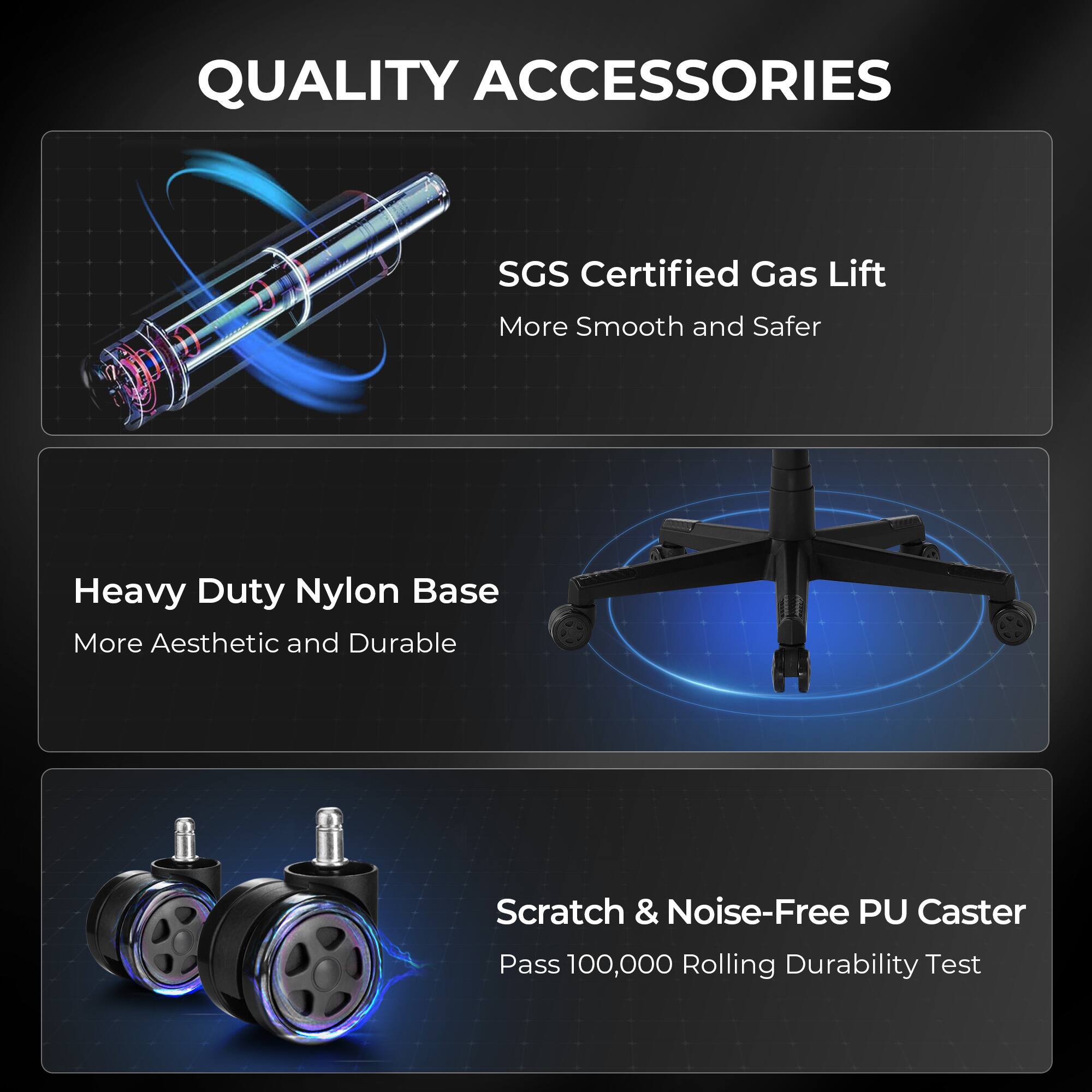 QUALITY ACCESSORIES
SGS Certified Gas Lift More Smooth and Safer
Heavy Duty Nylon Base More Aesthetic and Durable
Scratch & Noise-Free PU Caster Pass 100,000 Rolling Durability Test