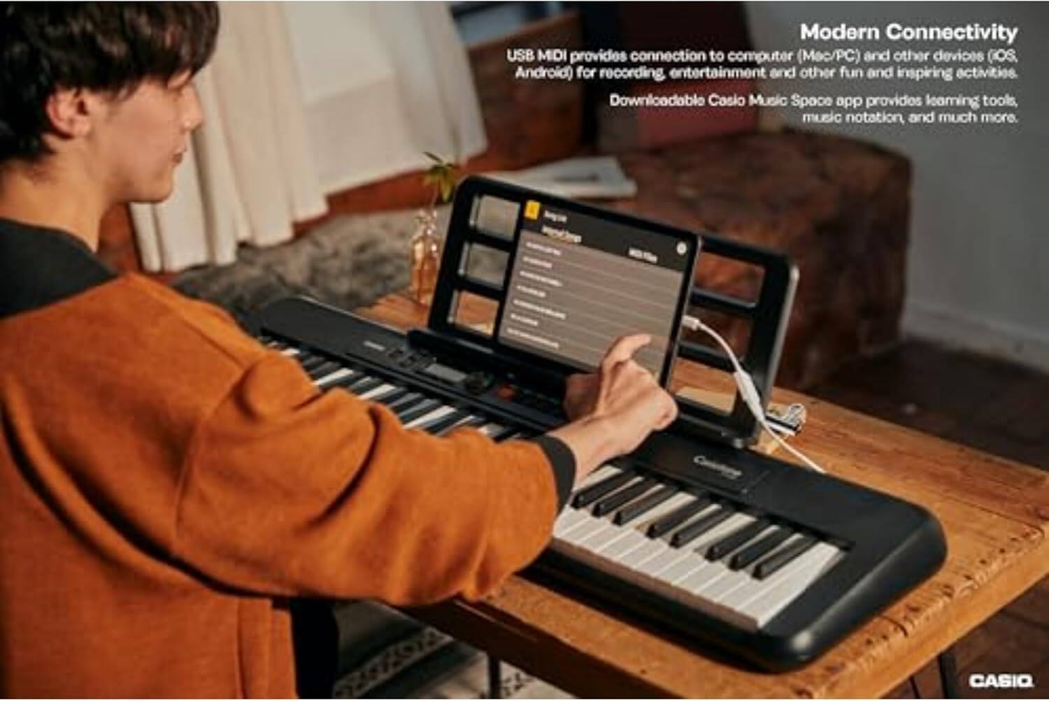 Modern Connectivity  
USB MDI provides connection to computer (Mac/PC) and other devices (iOS, Android) for recording, entertainment, and other fun and inspiring activities.  
Downloadable Casio Music Space app provides learning tools, music notation, and much more.