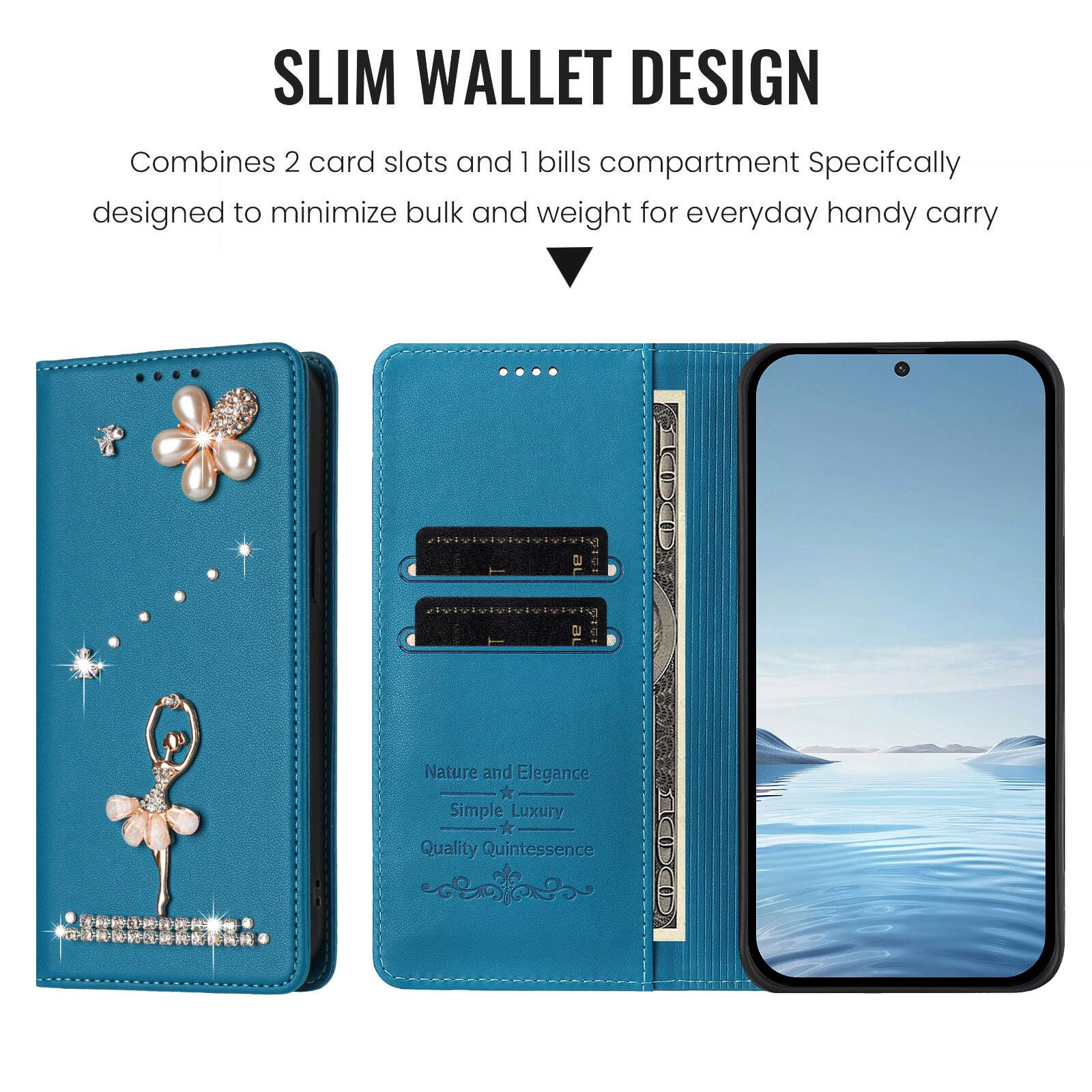SLIM WALLET DESIGN  
Combines 2 card slots and 1 bills compartment  
Specifically designed to minimize bulk and weight for everyday handy carry  

Nature and Elegance  
Simple Luxury  
Quality Quintessence