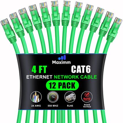 Maximm 4 FT CAT6 ETHERNET NETWORK CABLE 12 PACK RoHS COMPLIANT 24 AWG 550 MHZ RJ45 ROHS Verified