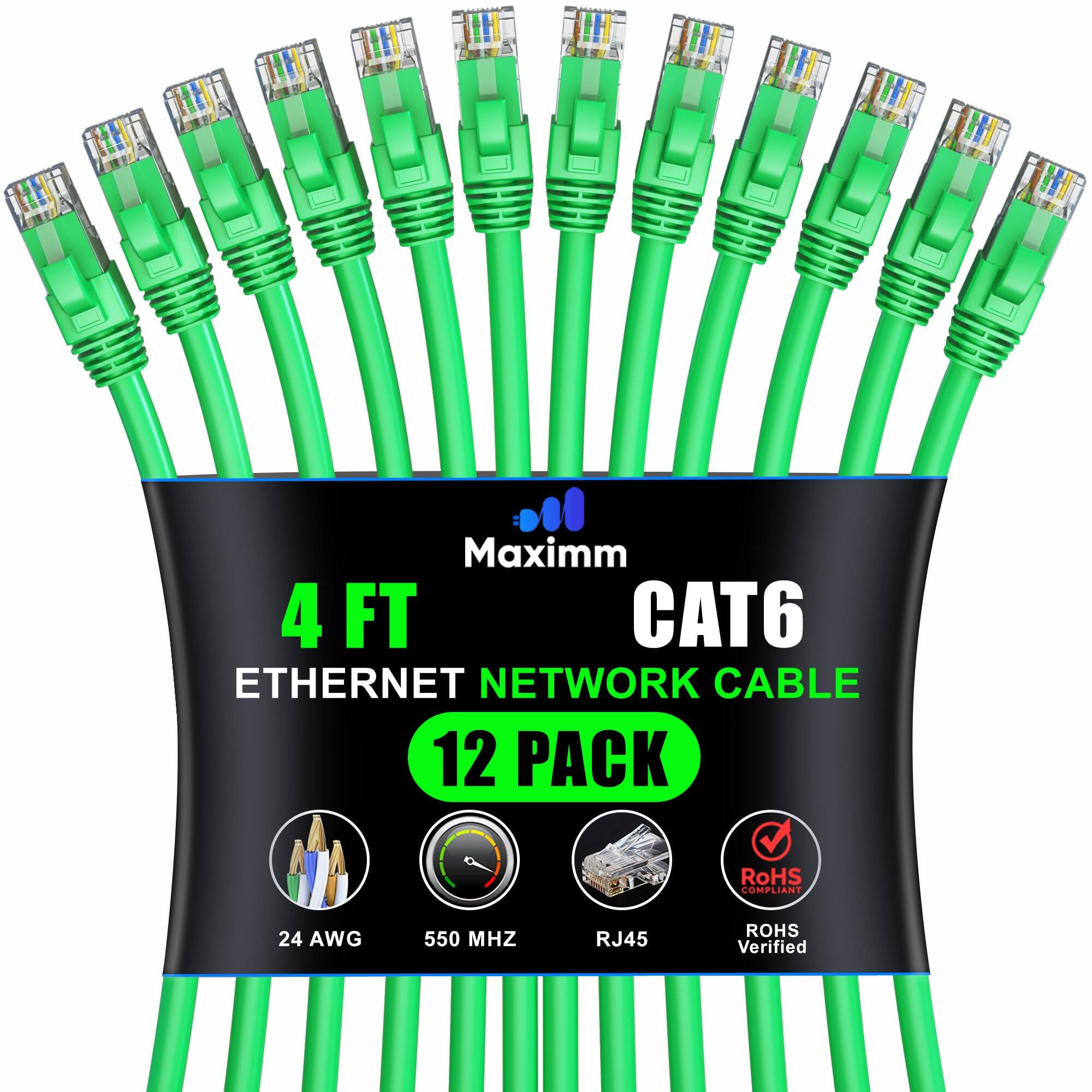 Maximm 4 FT CAT6 ETHERNET NETWORK CABLE 12 PACK RoHS COMPLIANT 24 AWG 550 MHZ RJ45 ROHS Verified