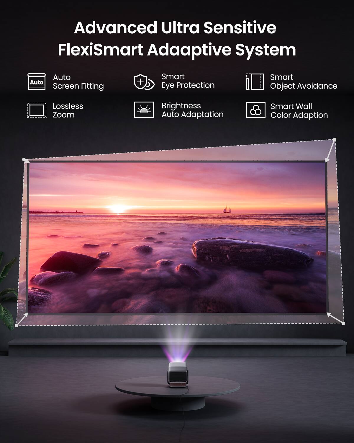 Advanced Ultra Sensitive FlexiSmart Adaptive System
- Auto Screen Fitting
- Smart Eye Protection
- Smart Object Avoidance
- Lossless Zoom
- Brightness Auto Adaptation
- Smart Wall Color Adaptation
