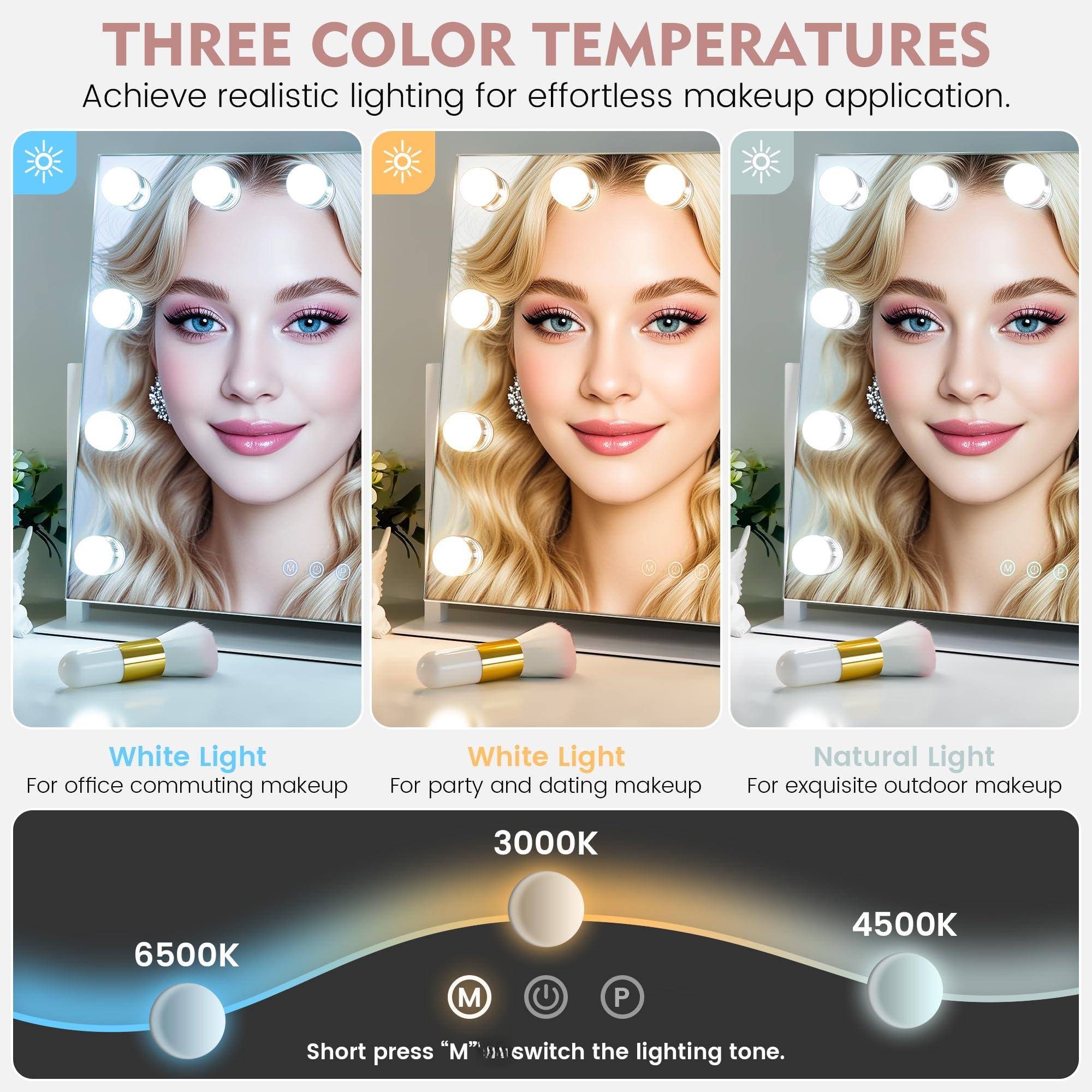**THREE COLOR TEMPERATURES**

Achieve realistic lighting for effortless makeup application.

- **White Light**  
  For office commuting makeup

- **White Light**  
  For party and dating makeup

- **Natural Light**  
  For exquisite outdoor makeup

**3000K**  
**6500K**  
**4500K**

Short press "M" to switch the lighting tone.