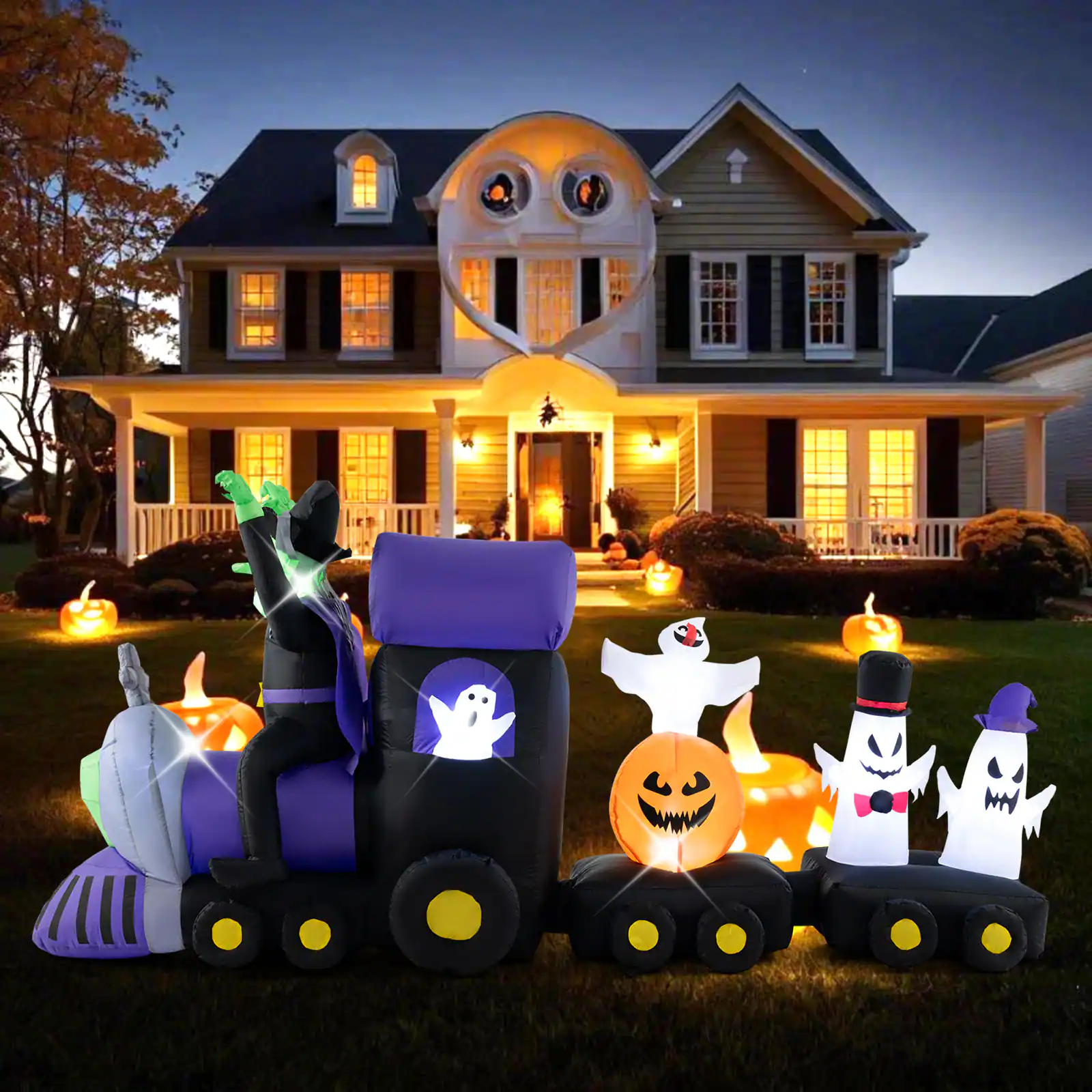 Left. Costway - 8.2 ft Long Halloween Inflatable Train LED Lighted Train w/ Witch 4 Ghosts & Pumpkin - Colorful.