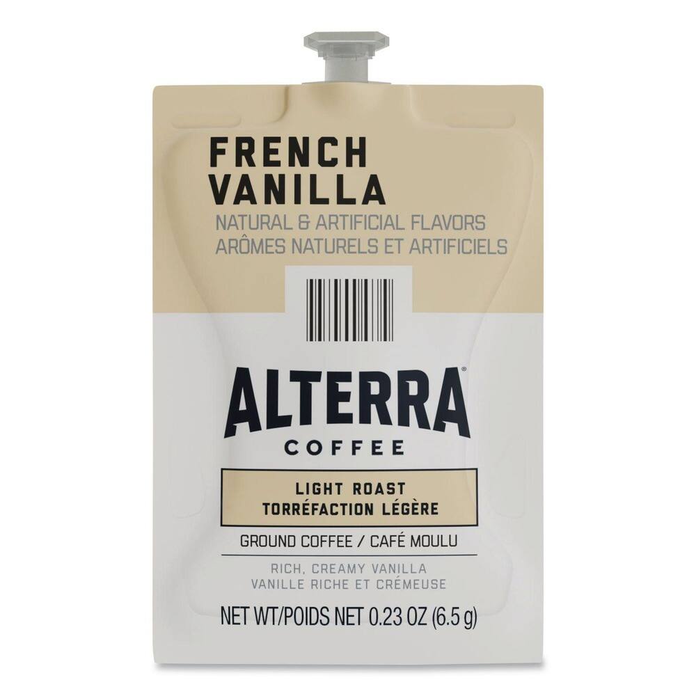 FRENCH VANILLA  
NATURAL & ARTIFICIAL FLAVORS  
ARÔMES NATURELS ET ARTIFICIELS  

ALTERRA COFFEE  
LIGHT ROAST  
TORREFACTION LÉGÈRE  

GROUND COFFEE / CAFÉ MOULU  
RICH, CREAMY VANILLA  
VANILLE RICHE ET CRÉMEUSE  

NET WT/POIDS NET 0.23 OZ (6.5g)