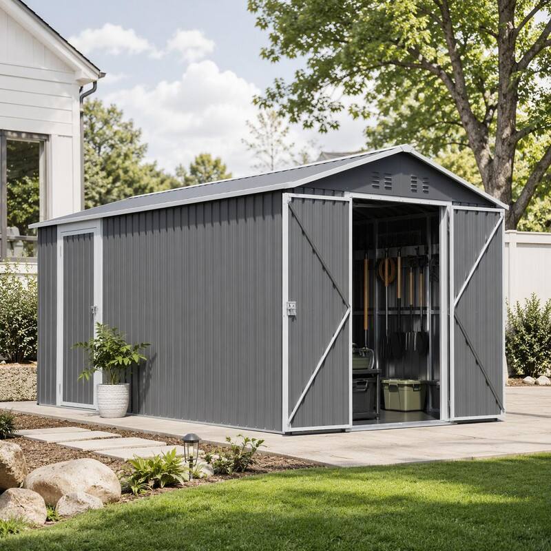 Angle. RYHNUYNE - 8x12 ft Metal Shed Side Door Double Front Doors Aluminum Frame Sloped Roof Vents - Gray.