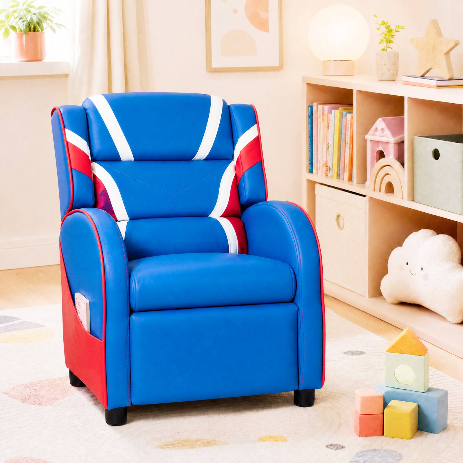 Alt View 3. Costway - Kids Recliner Chair Gaming Sofa PU Leather Armchair w/Side Pockets Blue - Blue.