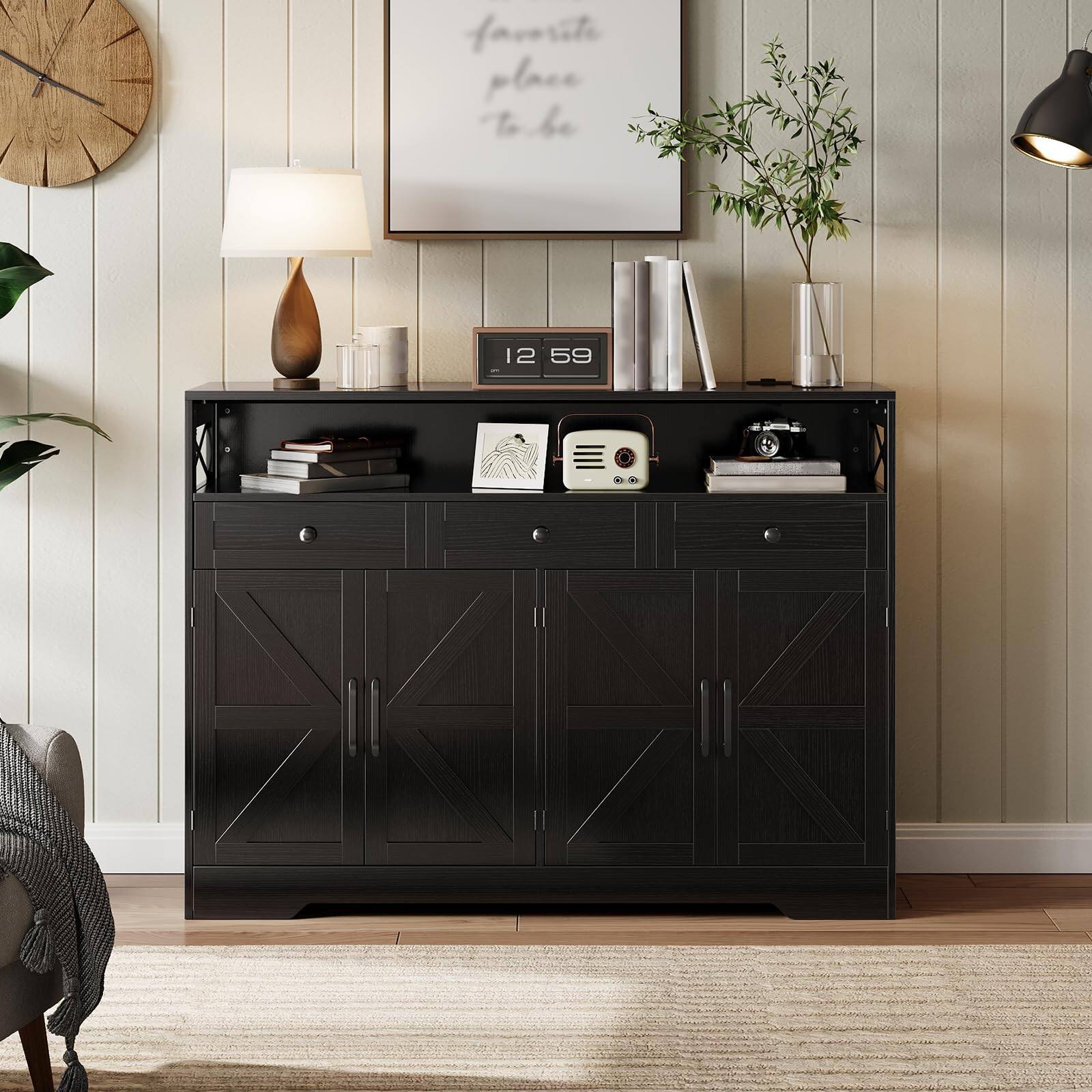 Alt View 3. Jojoka - Farmhouse Sideboard Buffet Cabinet with Drawers, Open Shelf & Charging Station - Black.