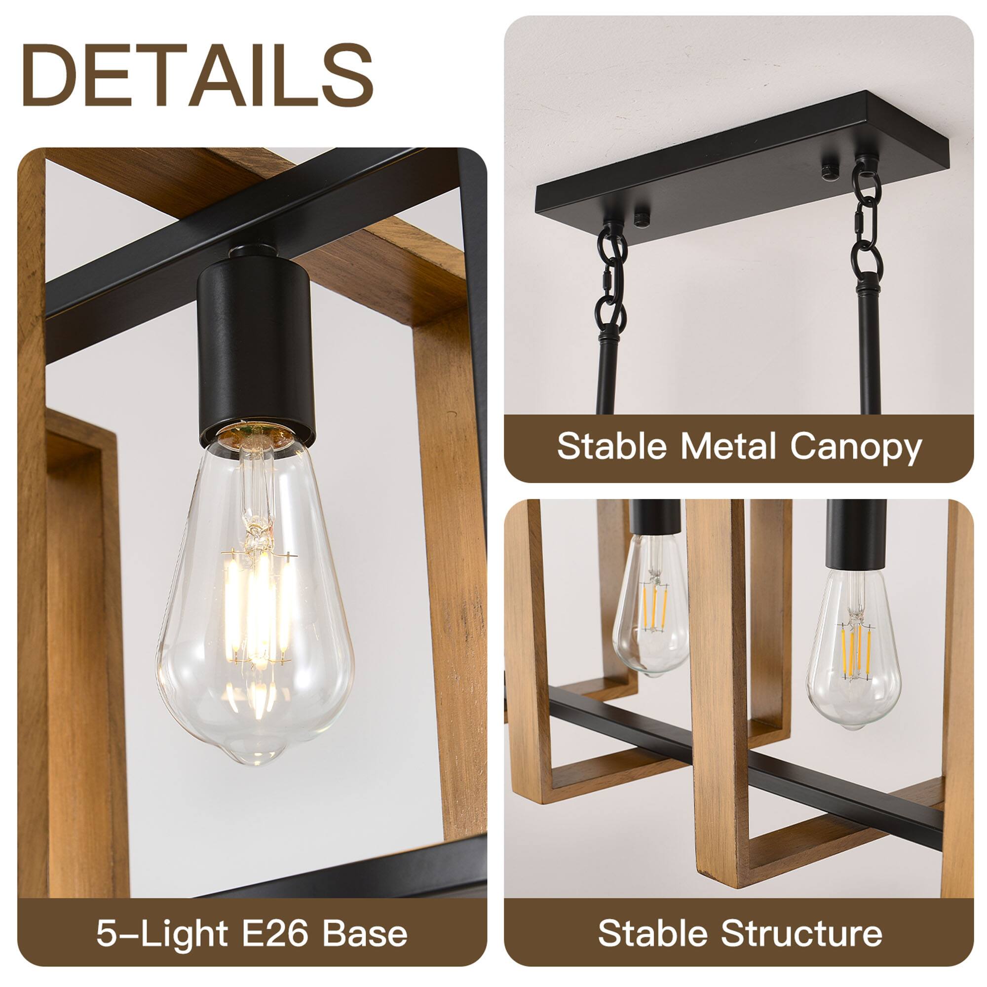 DETAILS  
- Stable Metal Canopy  
- 5-Light E26 Base  
- Stable Structure