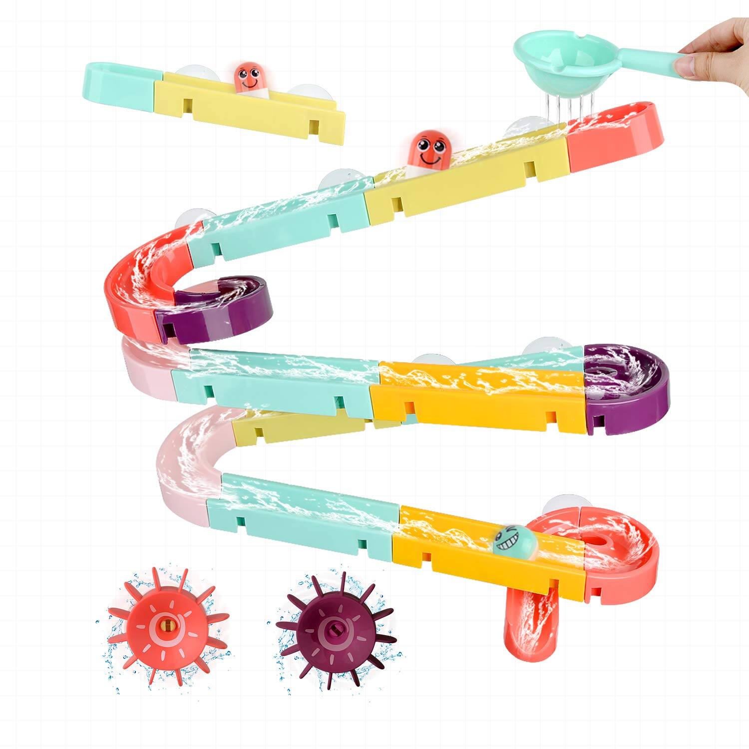 Back. CUTE STONE - 33 PCS Bath Toys for Toddlers, Bathtub Toy Set with Shower, Marble Run, Fishing Game, Floating Dinosaur & Duck Water Toy.