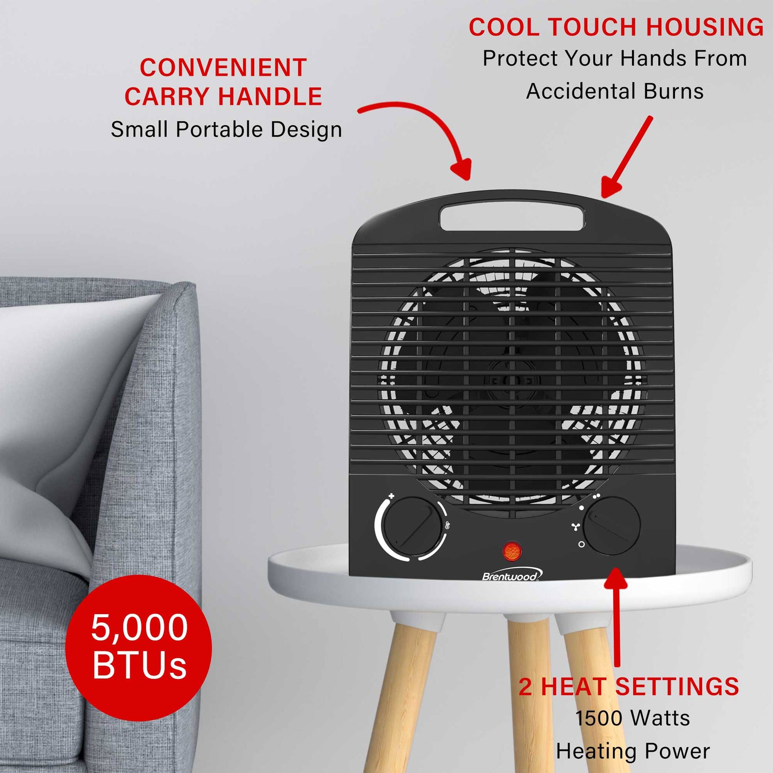 CONVENIENT CARRY HANDLE  
Small Portable Design  

COOL TOUCH HOUSING  
Protect Your Hands From Accidental Burns  

Brentwood 5,000 BTUs  
2 HEAT SETTINGS  
1500 Watts Heating Power