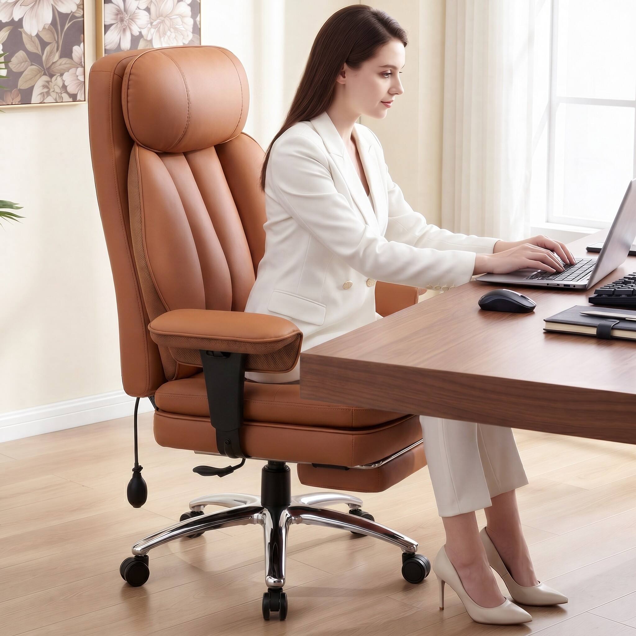 Front. KERDOM - Ergonomic Office Chair With Inflatable Lumbar & Adjustable Armrest, PU Leather Computer Desk Chair with Footrest - Brown.