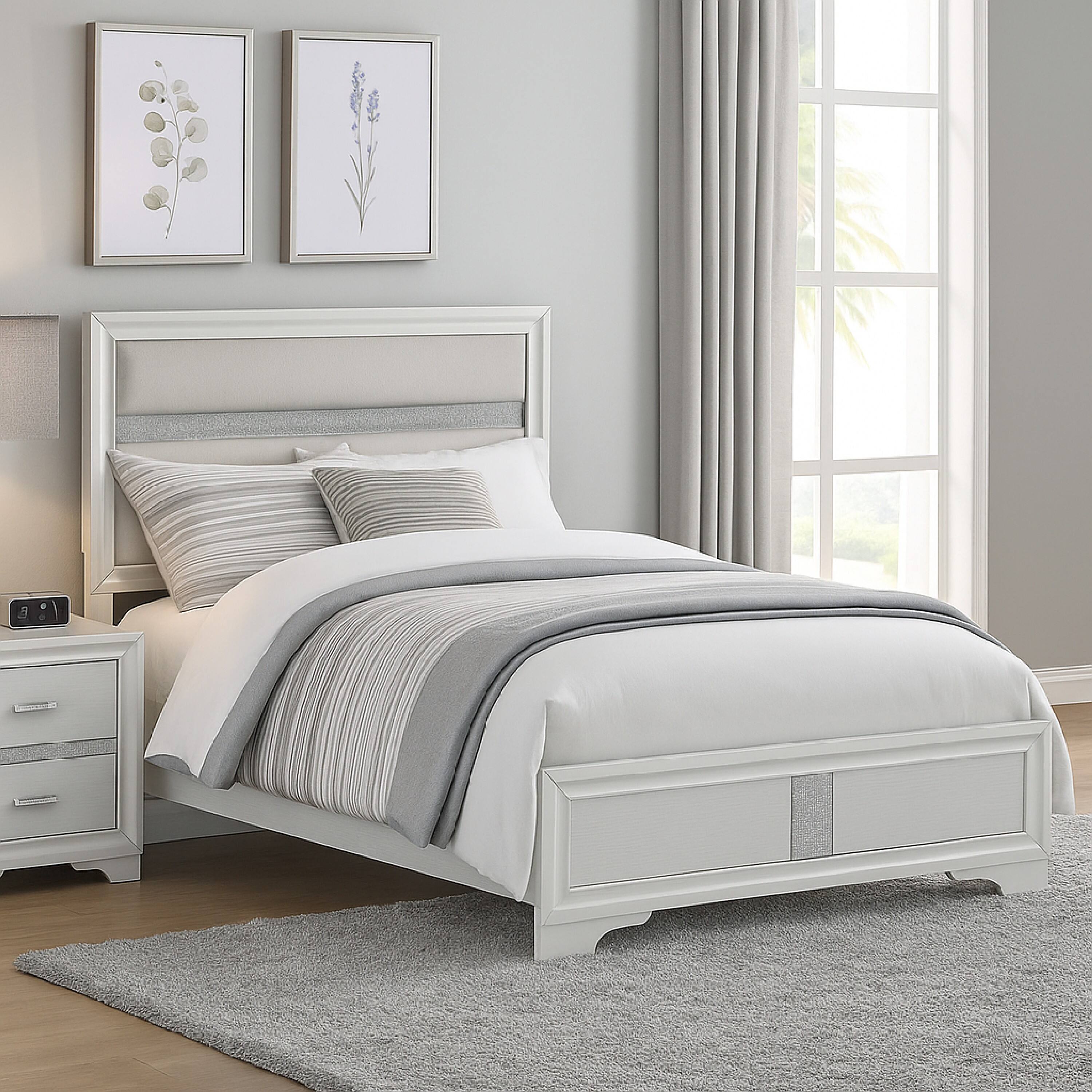 Alt View 5. Manhattan Lane - Vino Queen Size Bed, Panel Headboard White Upholstery, Glitter Stripe - White.