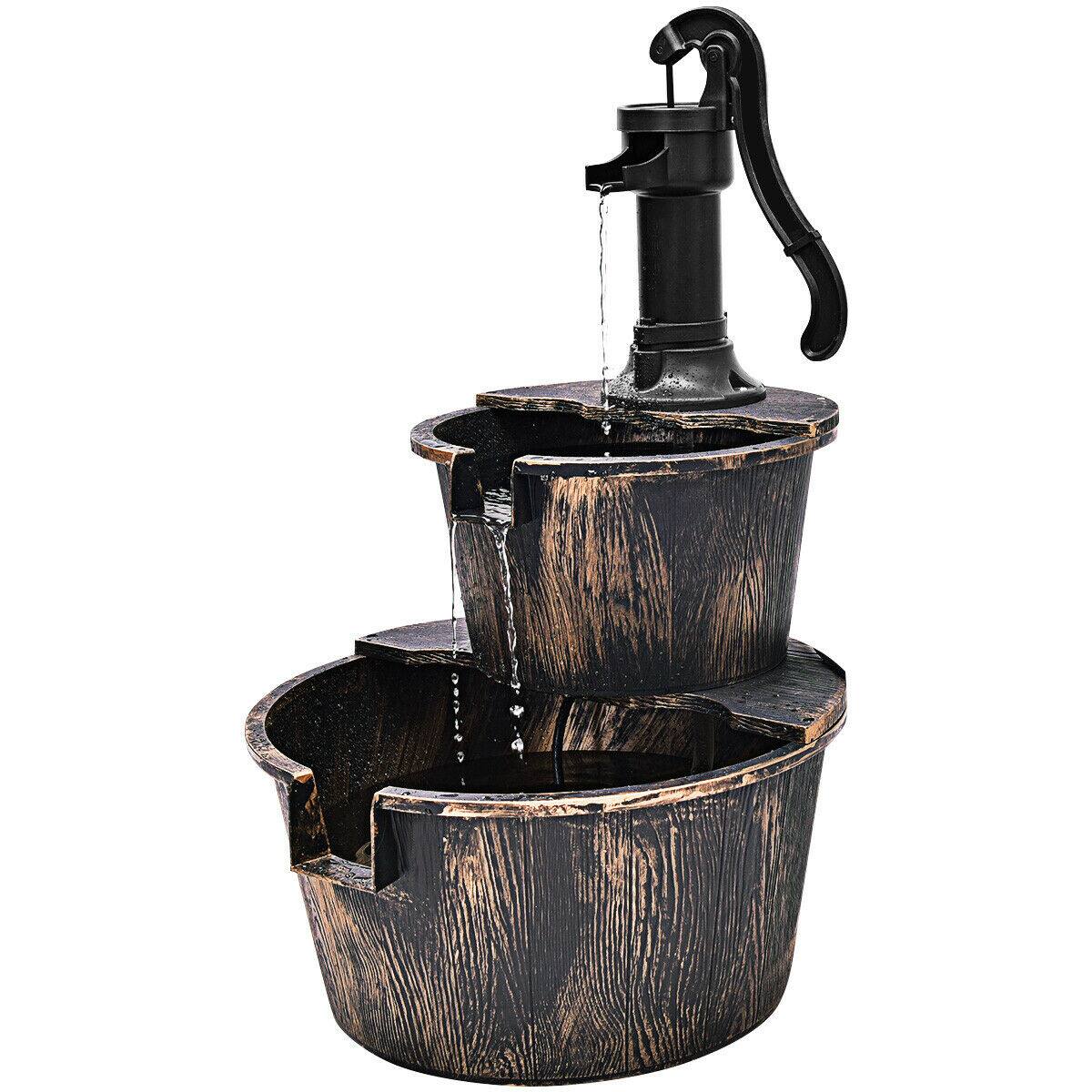 Alt View 8. Gymax - Gymax 2 Tier Barrel Waterfall Fountain Barrel Water Fountain Pump Outdoor Garden - Imitating Bronze Color.