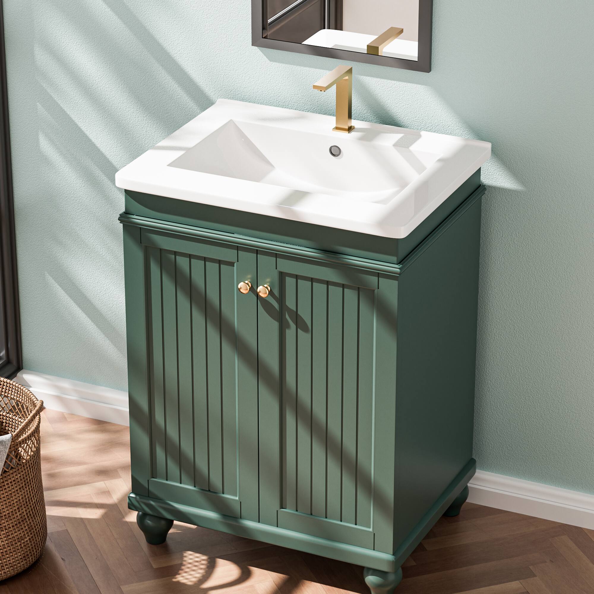 Alt View 6. KERDOM - 24" Bathroom Vanity with Ceramic Sink, Freestand Washroom Storage Cabinet, Elegant Sink Cabinet Shutter Doors, No Faucet - Green.