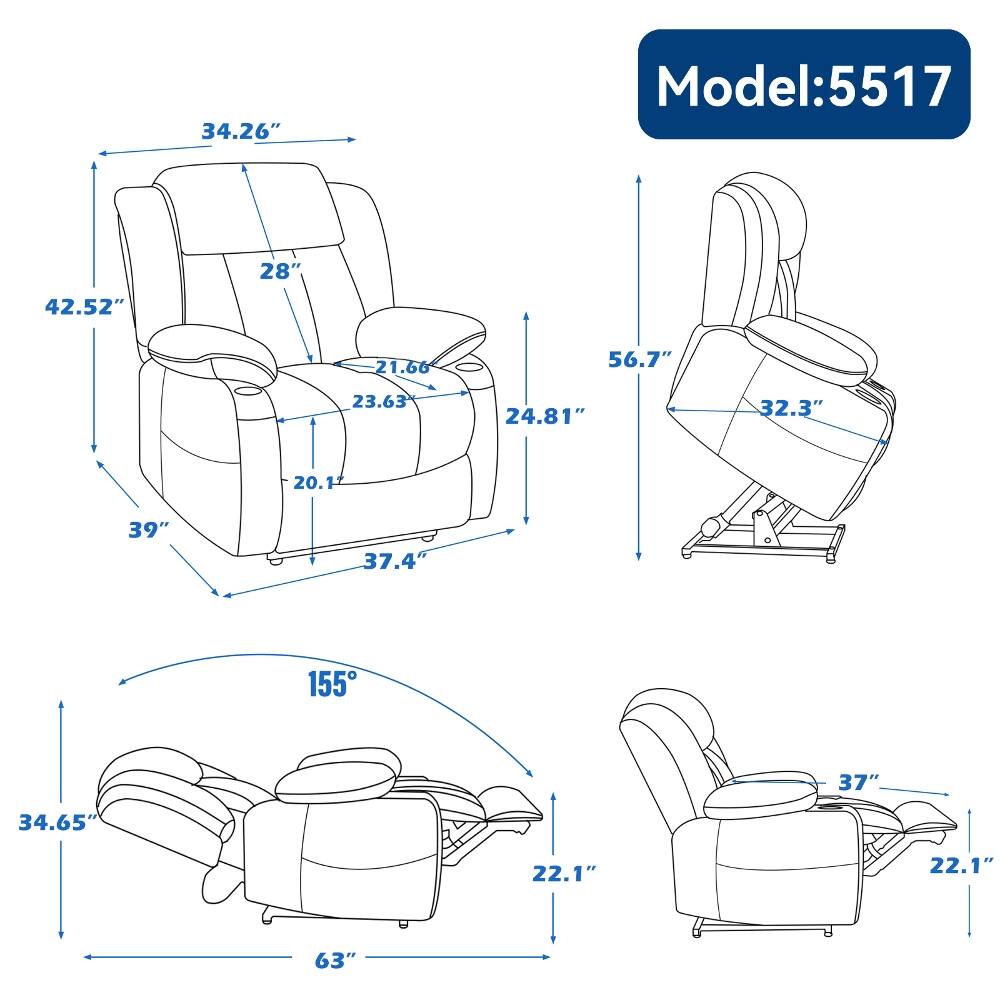Model: 5517

- 34.26"
- 28"
- 42.52"
- 21.66"
- 23.63"
- 24.81"
- 32.3"
- 20.1"
- 39"
- 37.4"
- 155°
- 34.65"
- 22.1"
- 22.1"
- 63"