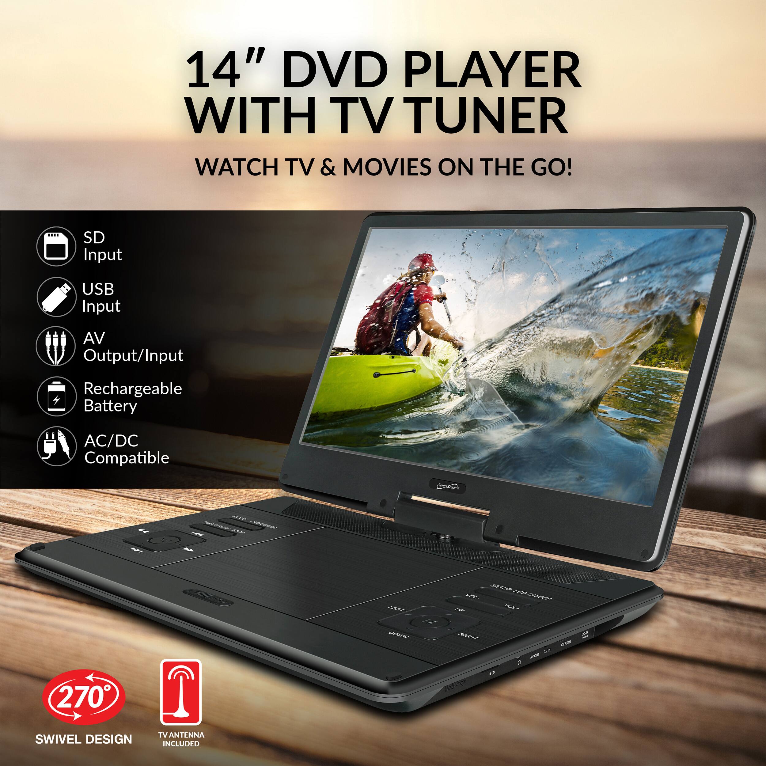 14" DVD PLAYER WITH TV TUNER  
WATCH TV & MOVIES ON THE GO!  
SD Input  
USB Input  
AV Output/Input  
Rechargeable Battery  
AC/DC Compatible  

270° SWIVEL DESIGN  
TV ANTENNA INCLUDED