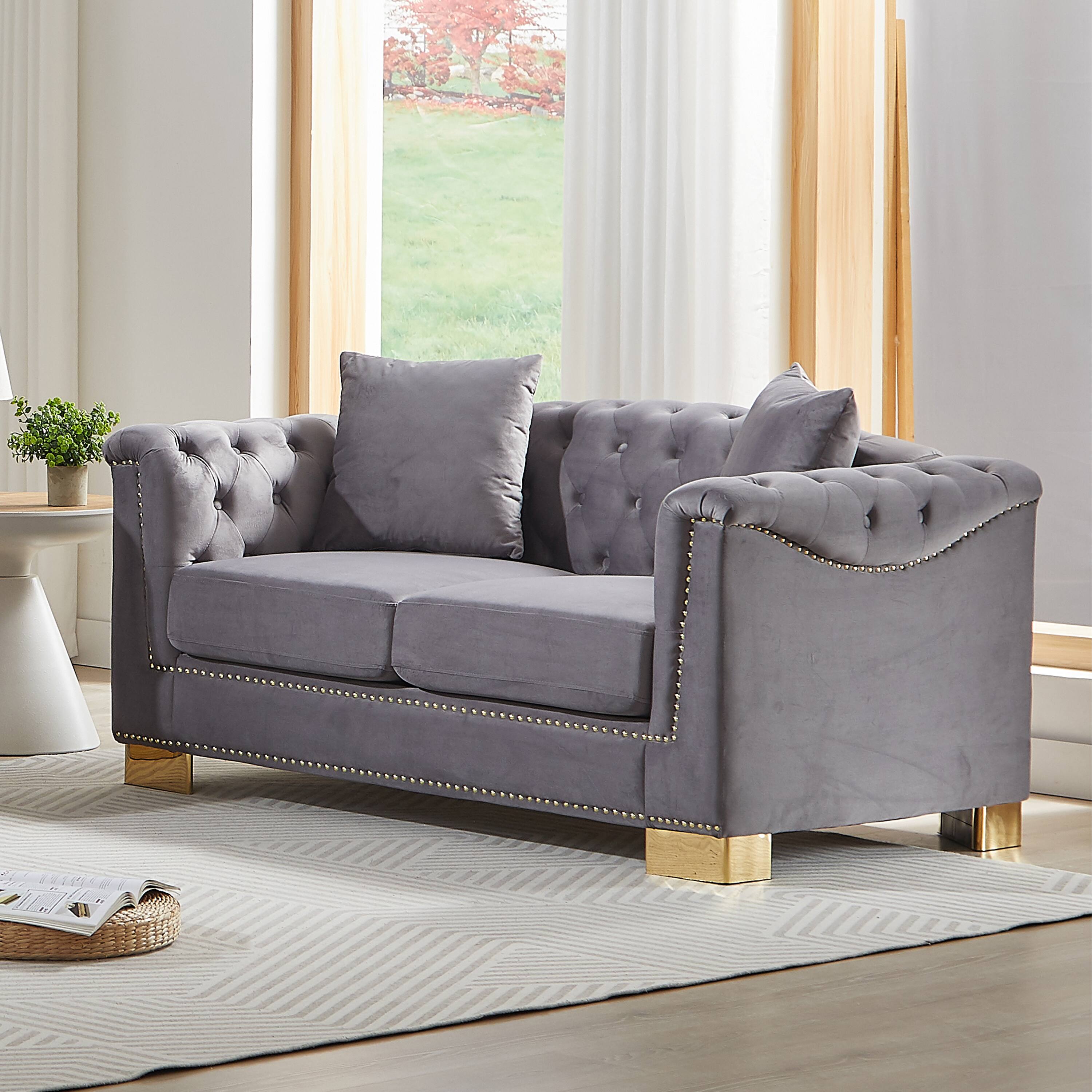 Left. Anysun - Classic Modern Style Sofa – 62" Chesterfield Classic Rolled Arm Tucked-in Nailhead Decor Cloud Two-Seater Velvet Sofa - Grey.