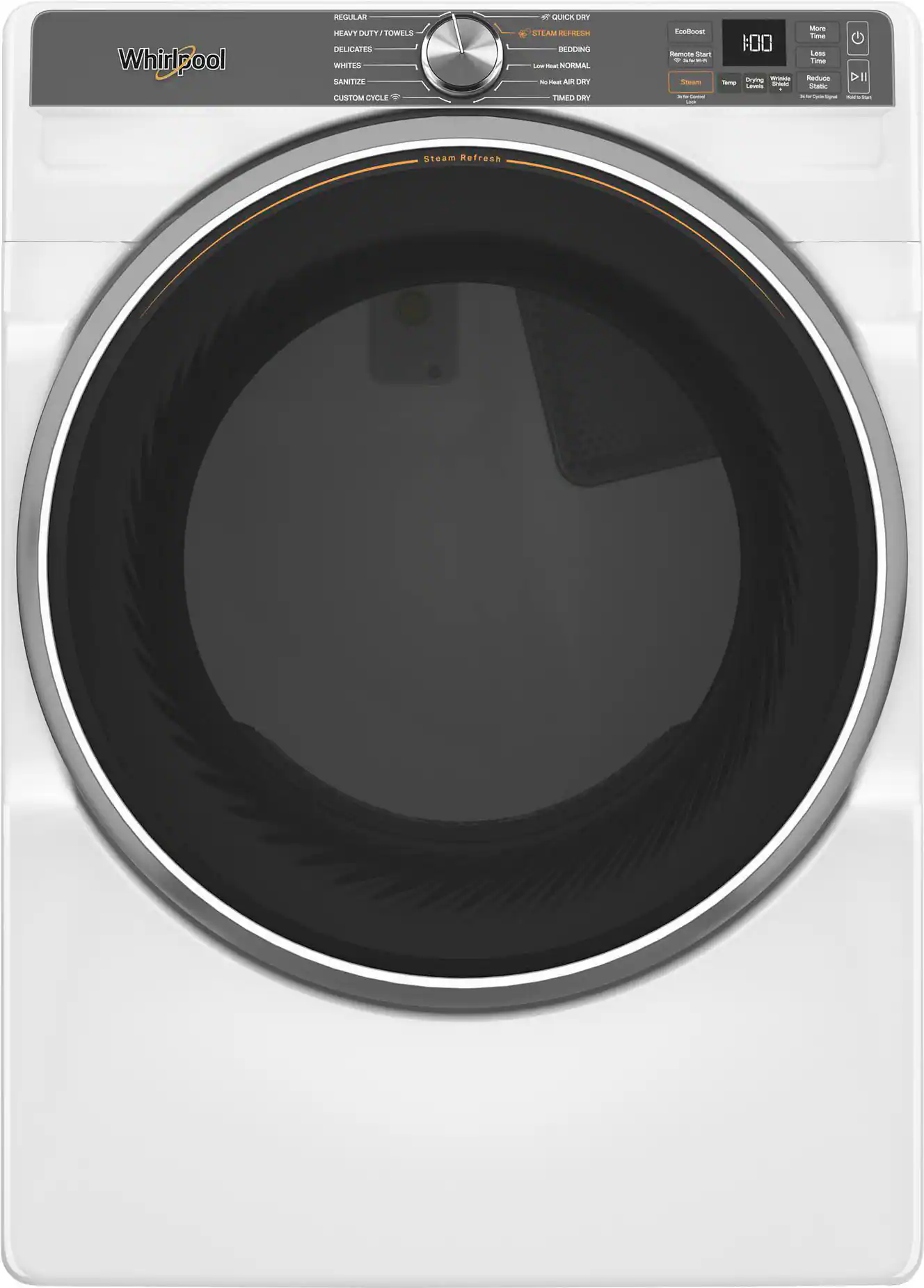 Whirlpool regular heavy-duty towels delicates whites sanitize custom cycle a quick steam refresh.