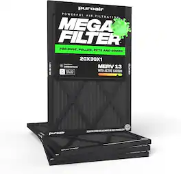 PuroAir - 20x30x1 HVAC Mega Filter MERV 13 Pleated Plus Activated Carbon Air Filter (4-Pack) - Black