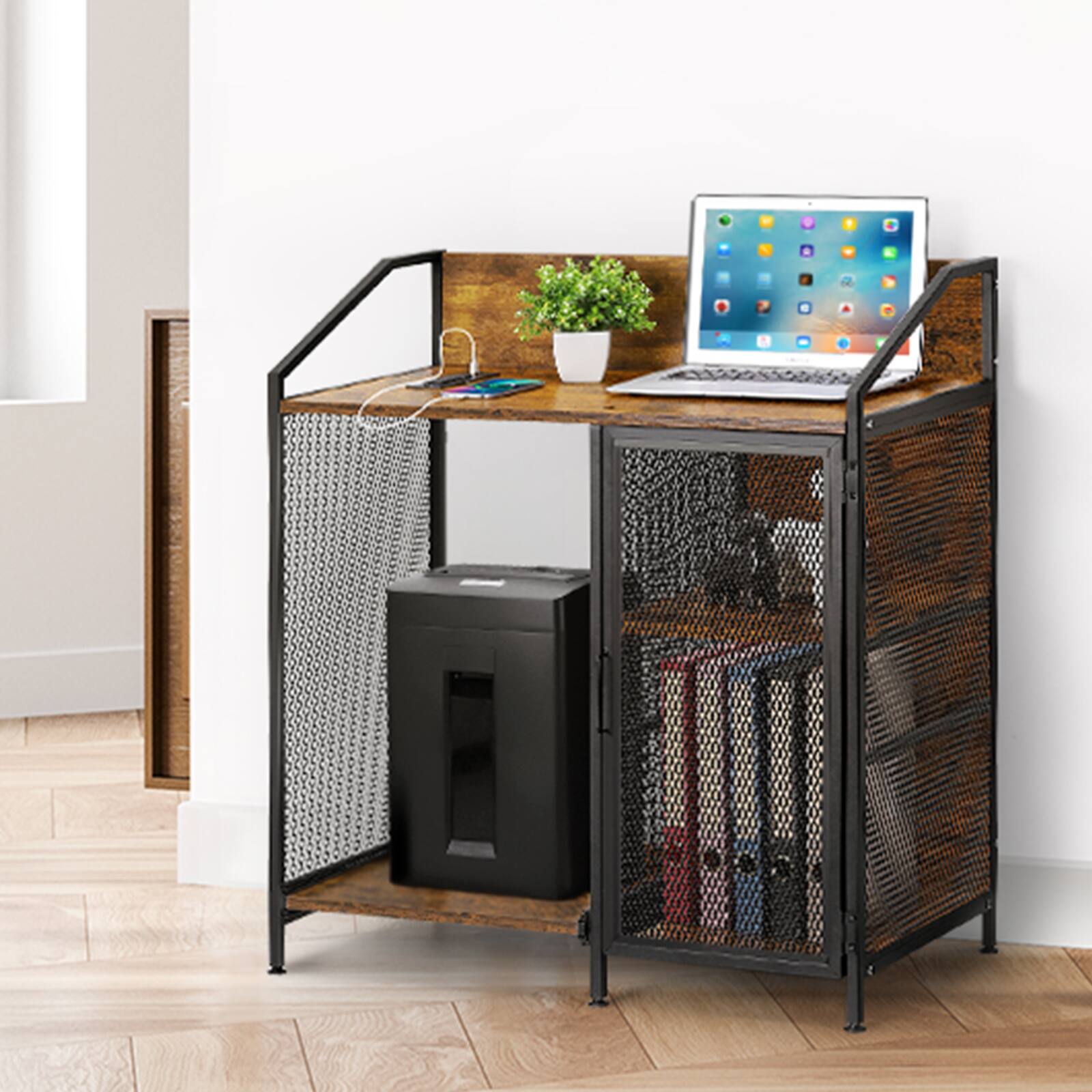 Back. Oumilen - Rustic Brown Industrial File Cabinet with Charging Station & Sliding Shelf.