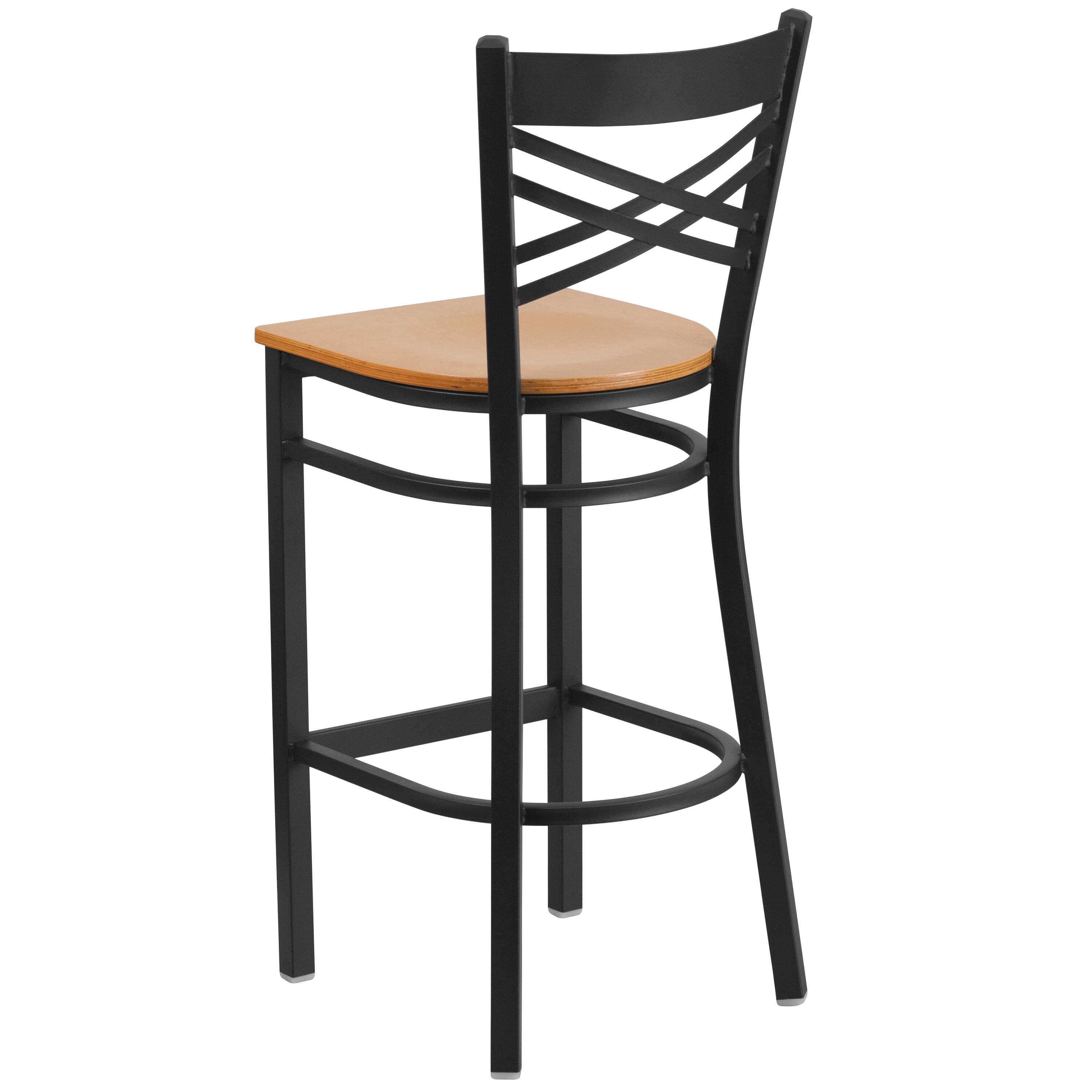 Alt View 4. Emma + Oliver - 2 Pack "X" Back Metal Restaurant Barstool - Natural Wood Seat/Black Metal Frame.