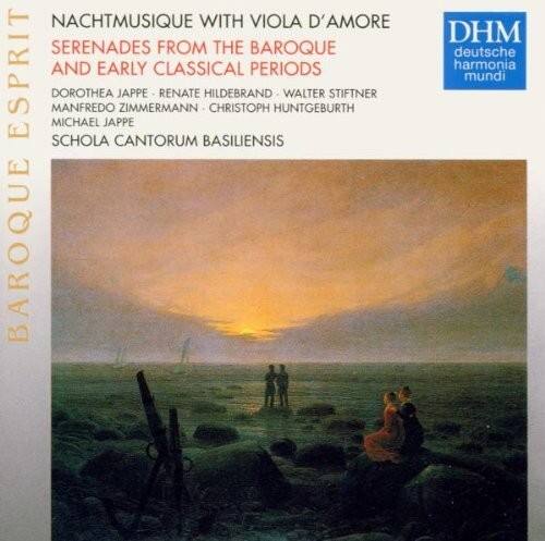 NACHTMUSIQUE WITH VIOLA D'AMORE  
SERENADES FROM THE BAROQUE AND EARLY CLASSICAL PERIODS  

DOROTHEA JAPPE - RENATE HILDEBRAND - WALTER STIFTNER - MANFREDO ZIMMERMANN - CHRISTOPH HUNTGEBURTH - MICHAEL JAPPE  

SCHOLA CANTORUM BASILIENSIS  

DHM  
deutsche harmonia mundi